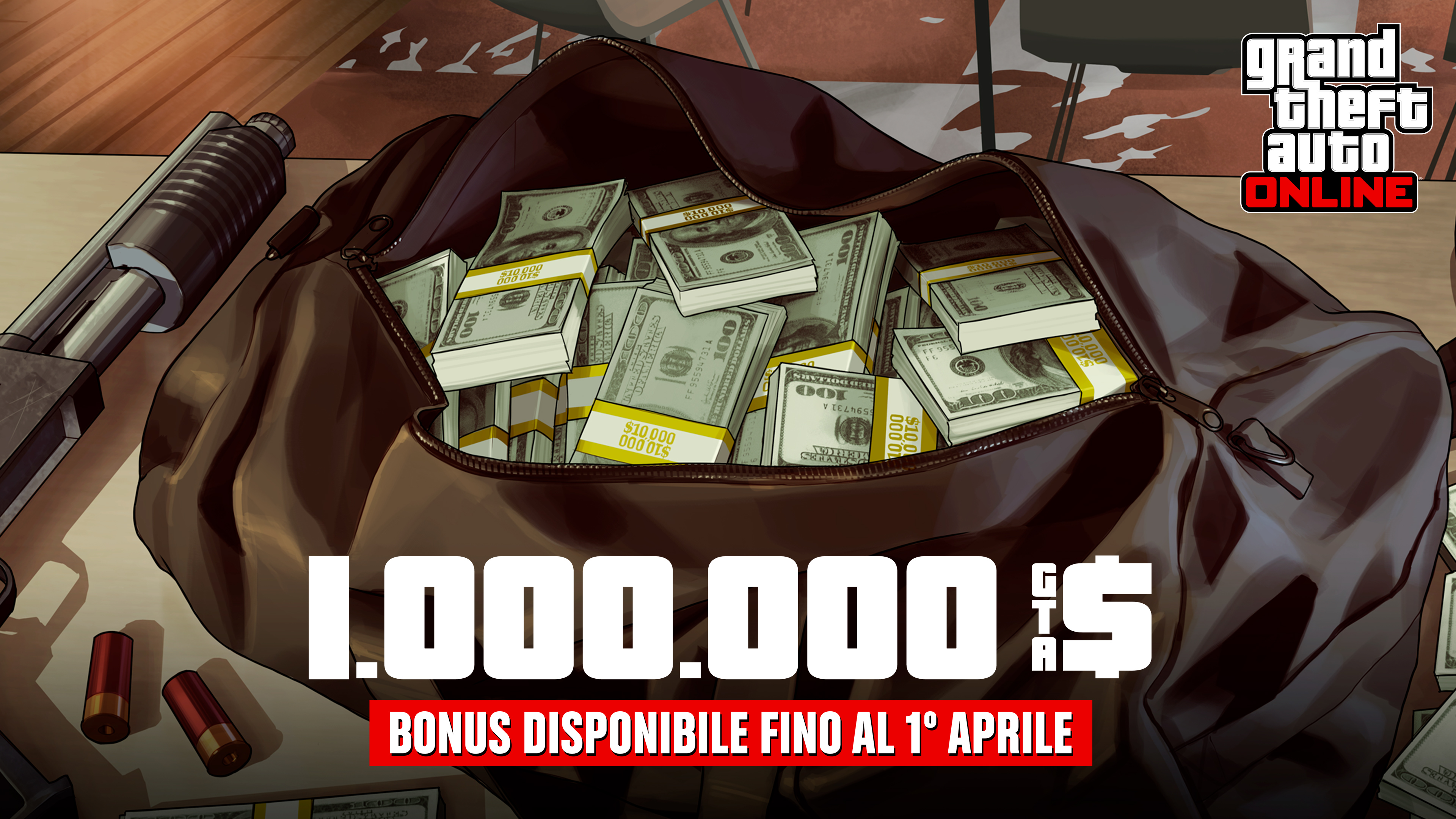 GTA在线模式艺术作品，绘有一个装满捆捆现金的袋子。文字内容为：100万GTA游戏币。奖励截至4月1日。