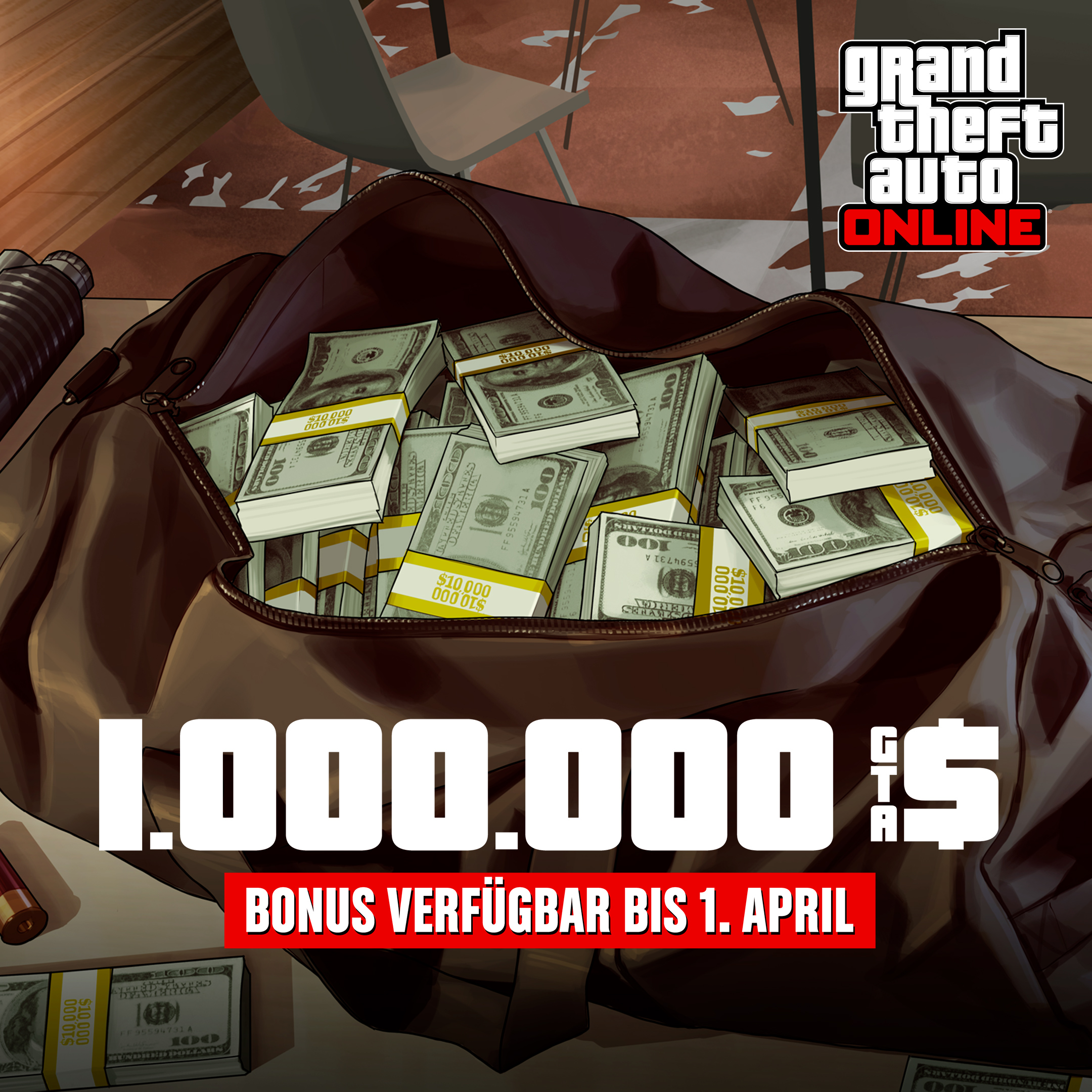 GTA在线模式艺术作品，绘有一个装满捆捆现金的袋子。文字内容为：100万GTA游戏币。奖励截至4月1日。