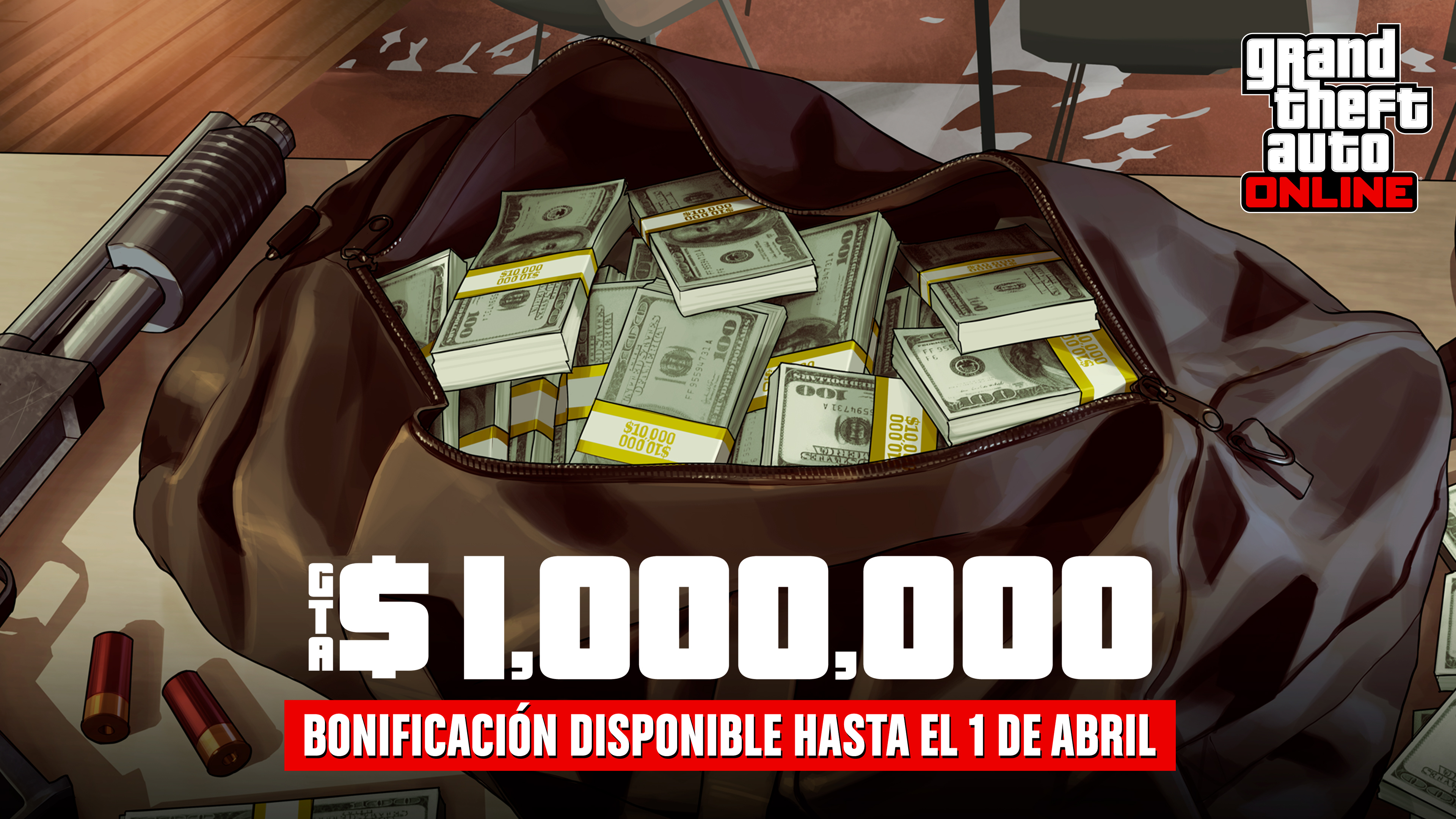 GTA在线模式艺术作品，绘有一个装满捆捆现金的袋子。文字内容为：100万GTA游戏币。奖励截至4月1日。