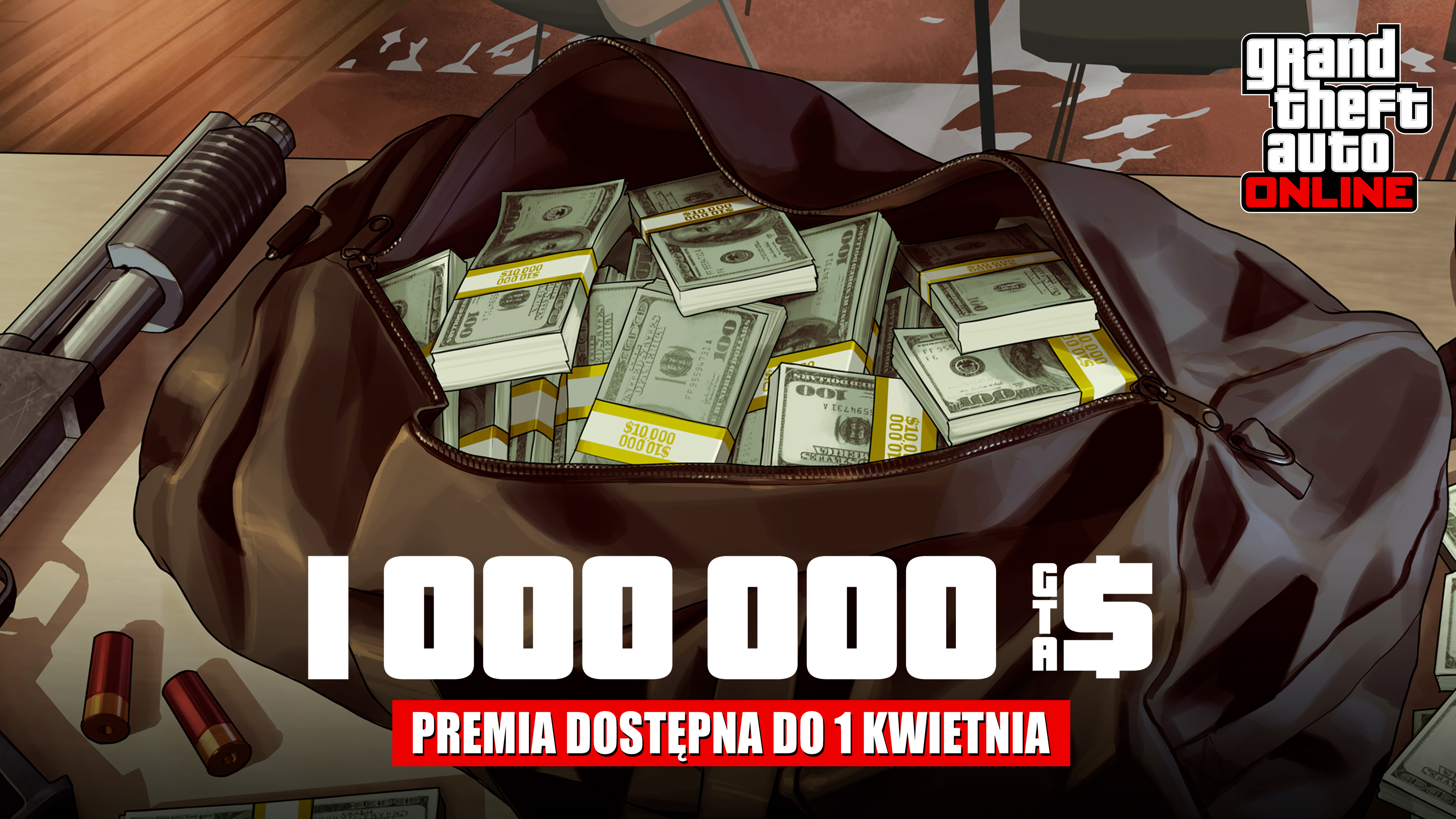 GTA在线模式艺术作品，绘有一个装满捆捆现金的袋子。文字内容为：100万GTA游戏币。奖励截至4月1日。