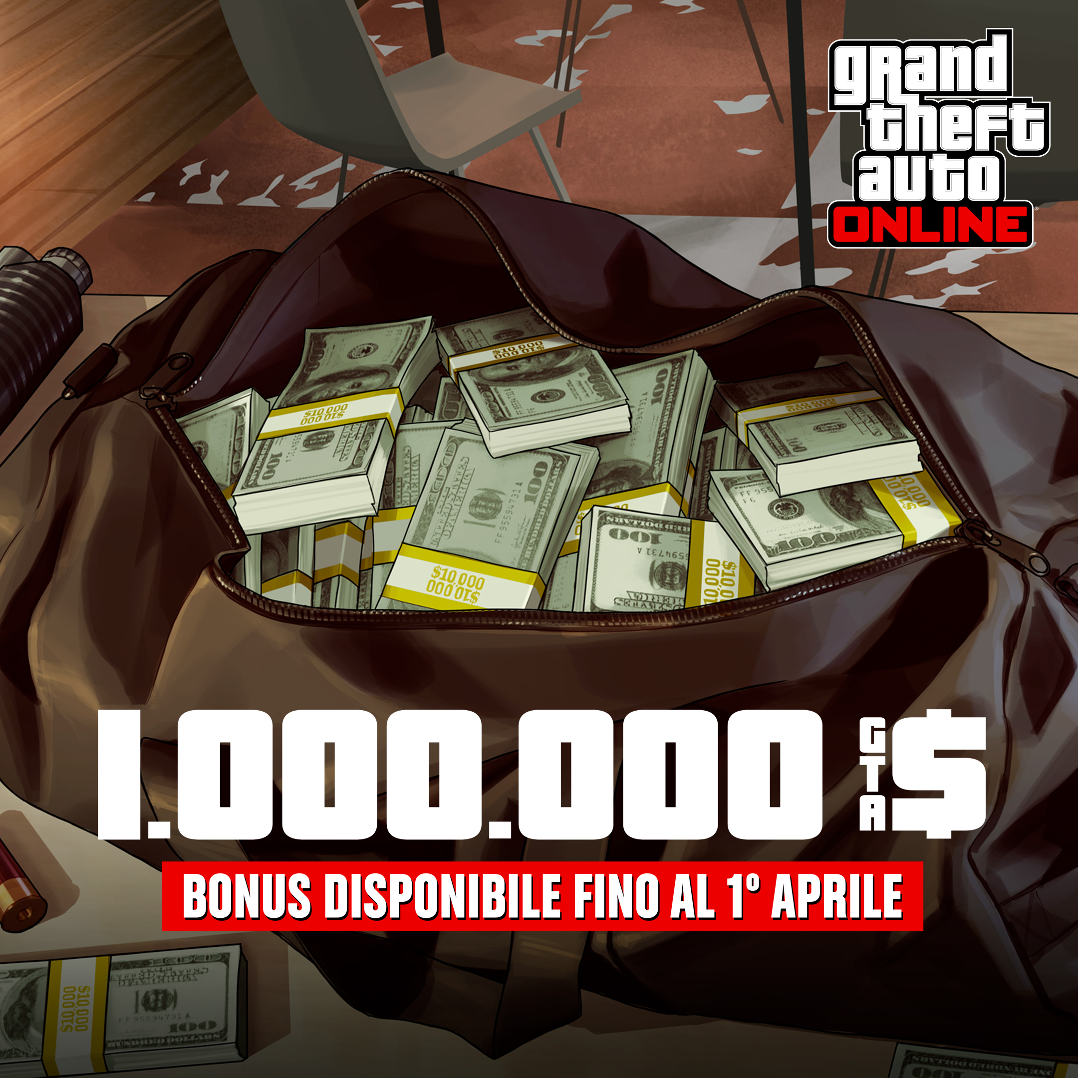 GTA在线模式艺术作品，绘有一个装满捆捆现金的袋子。文字内容为：100万GTA游戏币。奖励截至4月1日。
