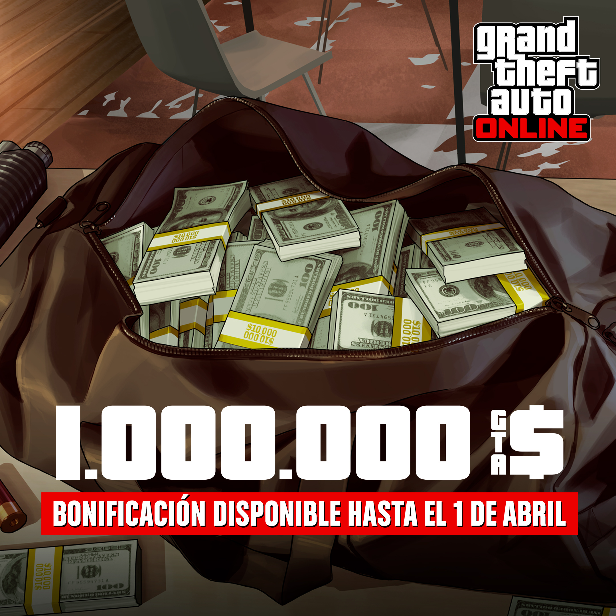 GTA在线模式艺术作品，绘有一个装满捆捆现金的袋子。文字内容为：100万GTA游戏币。奖励截至4月1日。