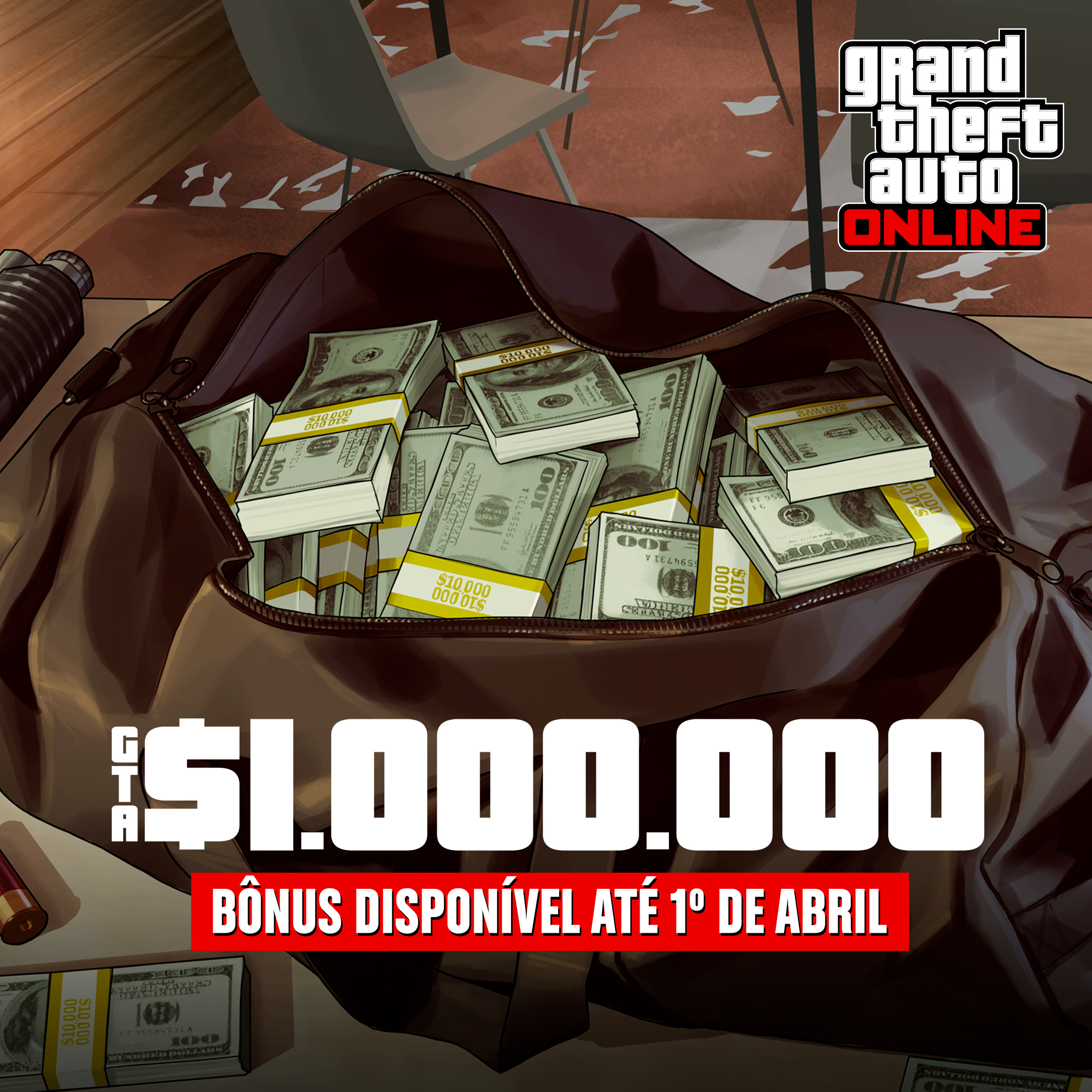 GTA在线模式艺术作品，绘有一个装满捆捆现金的袋子。文字内容为：100万GTA游戏币。奖励截至4月1日。