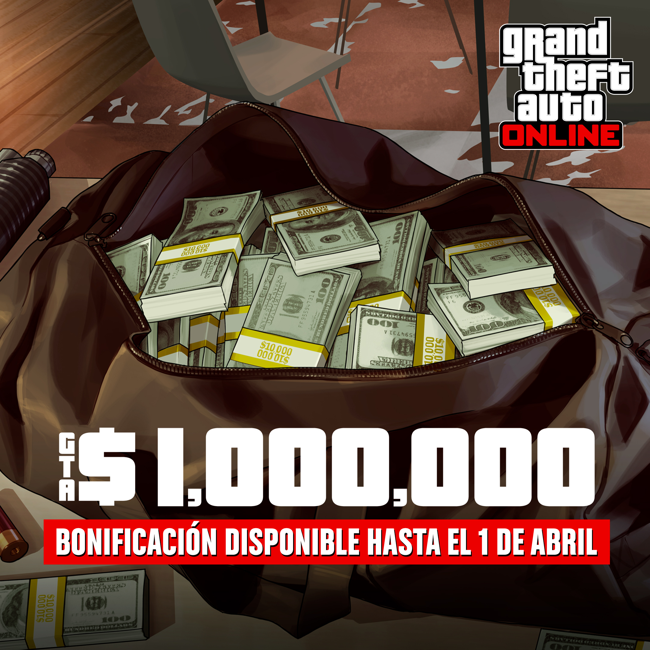 GTA在线模式艺术作品，绘有一个装满捆捆现金的袋子。文字内容为：100万GTA游戏币。奖励截至4月1日。