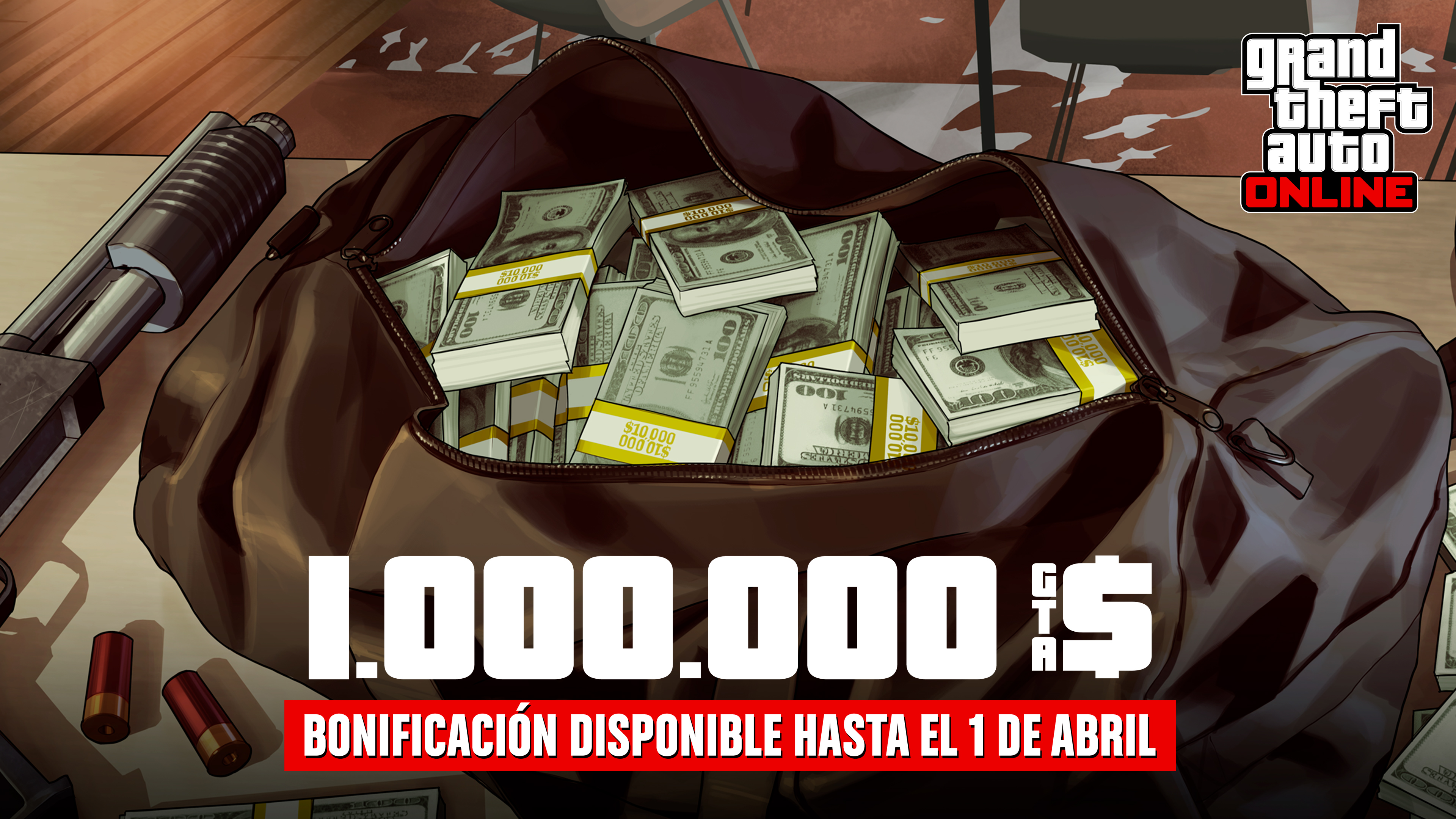 GTA在线模式艺术作品，绘有一个装满捆捆现金的袋子。文字内容为：100万GTA游戏币。奖励截至4月1日。