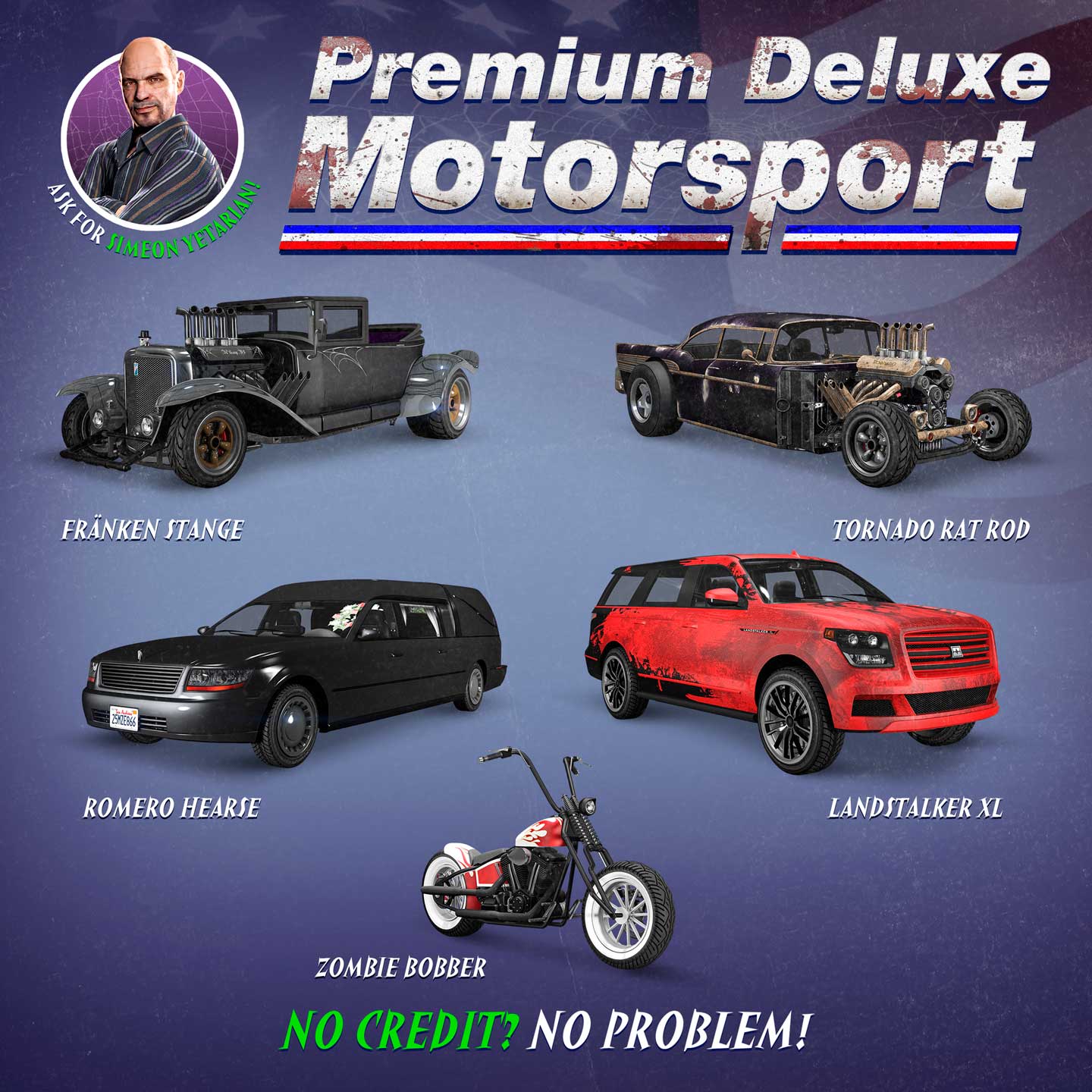 Premium Deluxe Motorsport Showroom poster featuring the Albany Fränken Stange, Western Zombie Bobber, Declasse Tornado Rat Rod, Chariot Romero Hearse, and Dundreary Landstalker XL