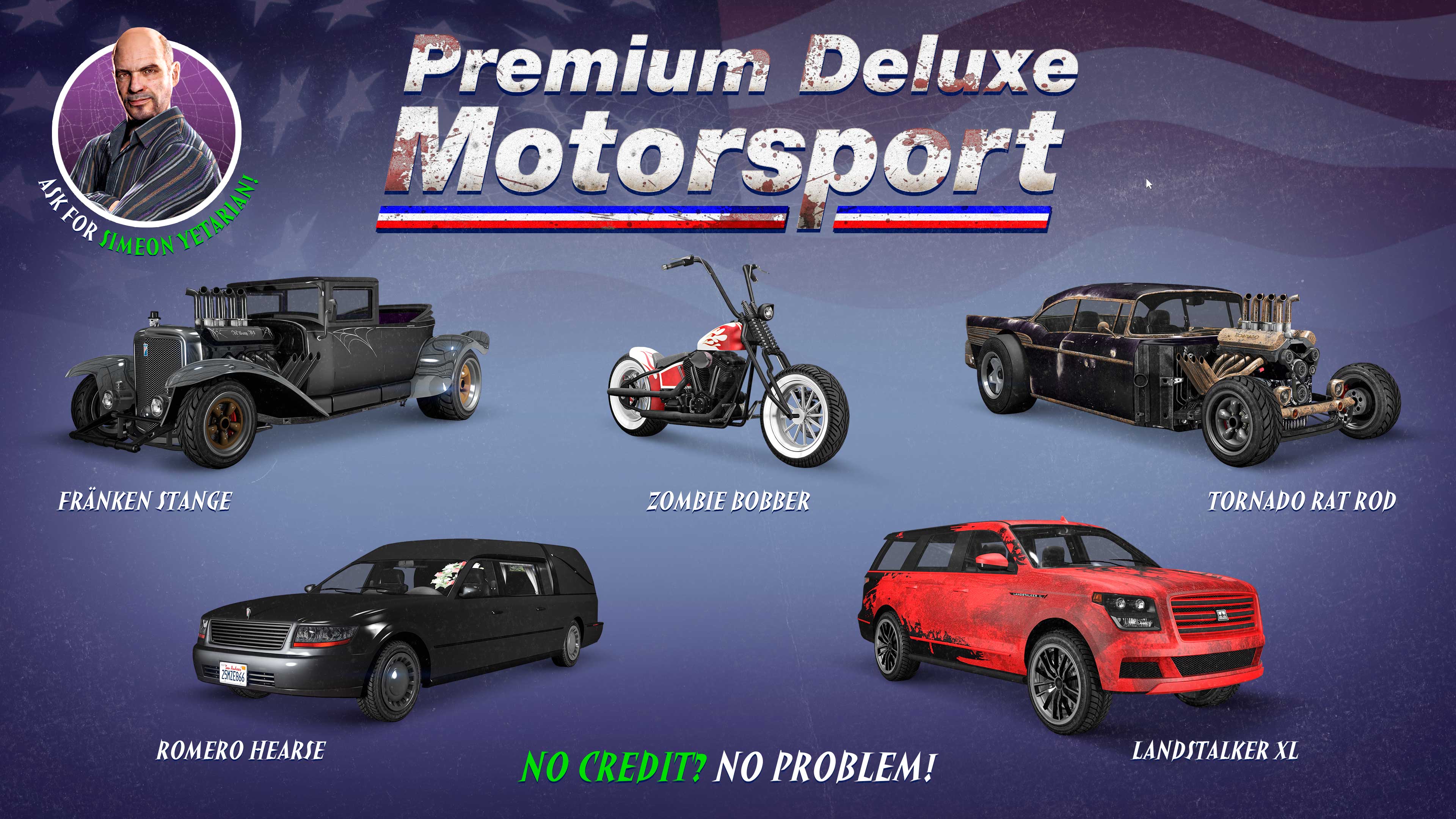Premium Deluxe Motorsport Showroom poster featuring the Albany Fränken Stange, Western Zombie Bobber, Declasse Tornado Rat Rod, Chariot Romero Hearse, and Dundreary Landstalker XL