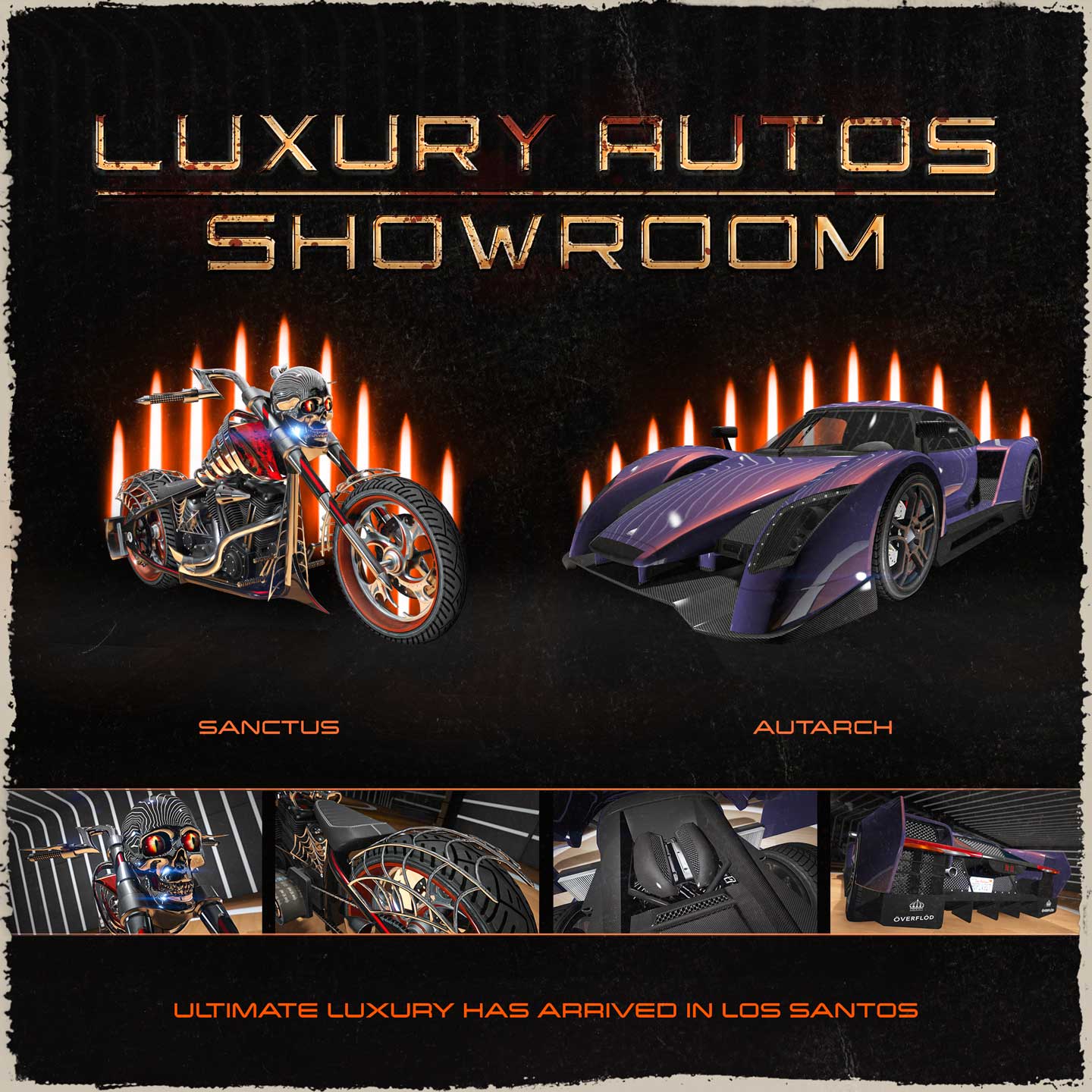 Luxury Autos Showroom poster featuring the LCC Sanctus and Överflöd Autarch