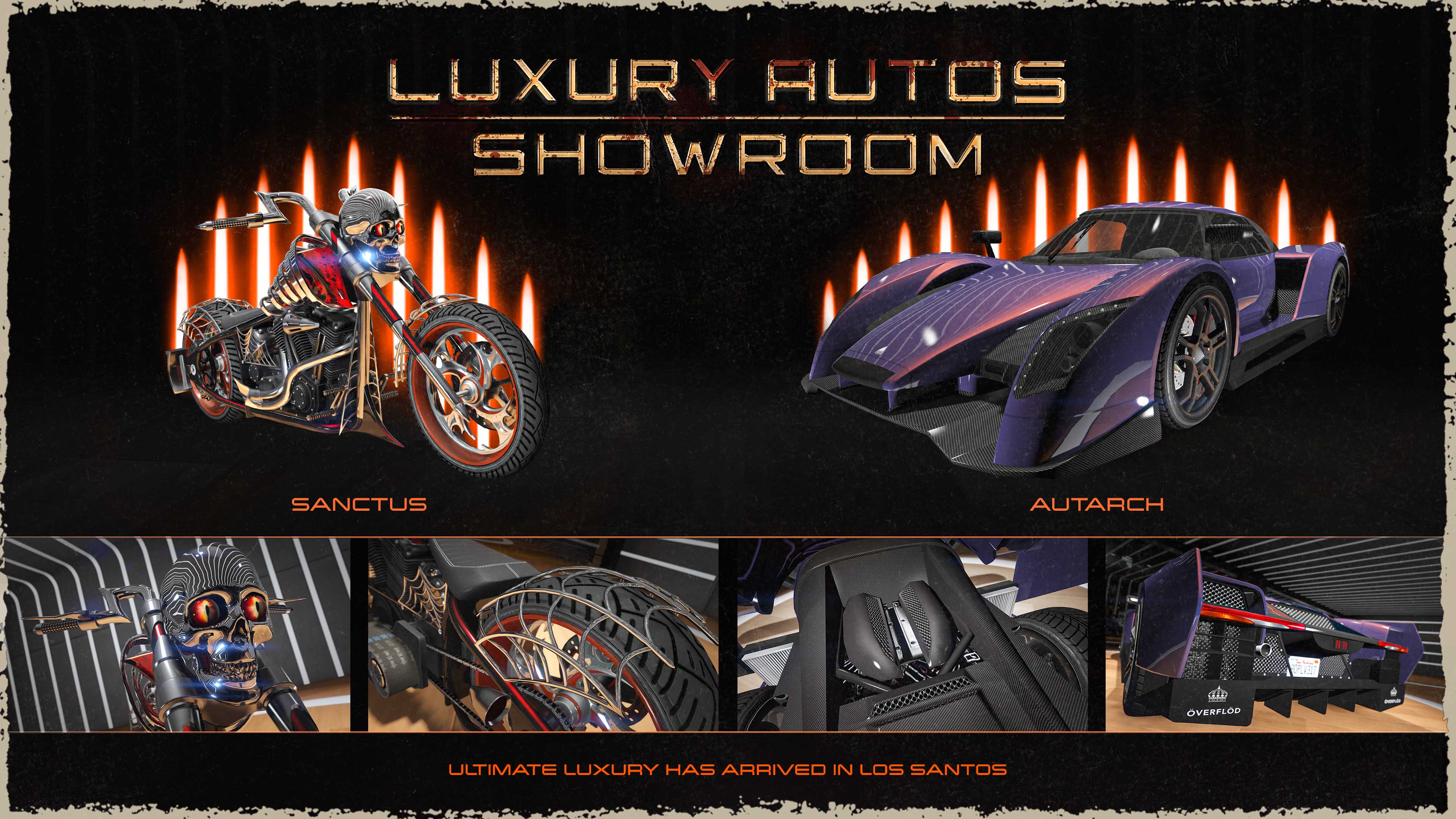 Luxury Autos Showroom poster featuring the LCC Sanctus and Överflöd Autarch