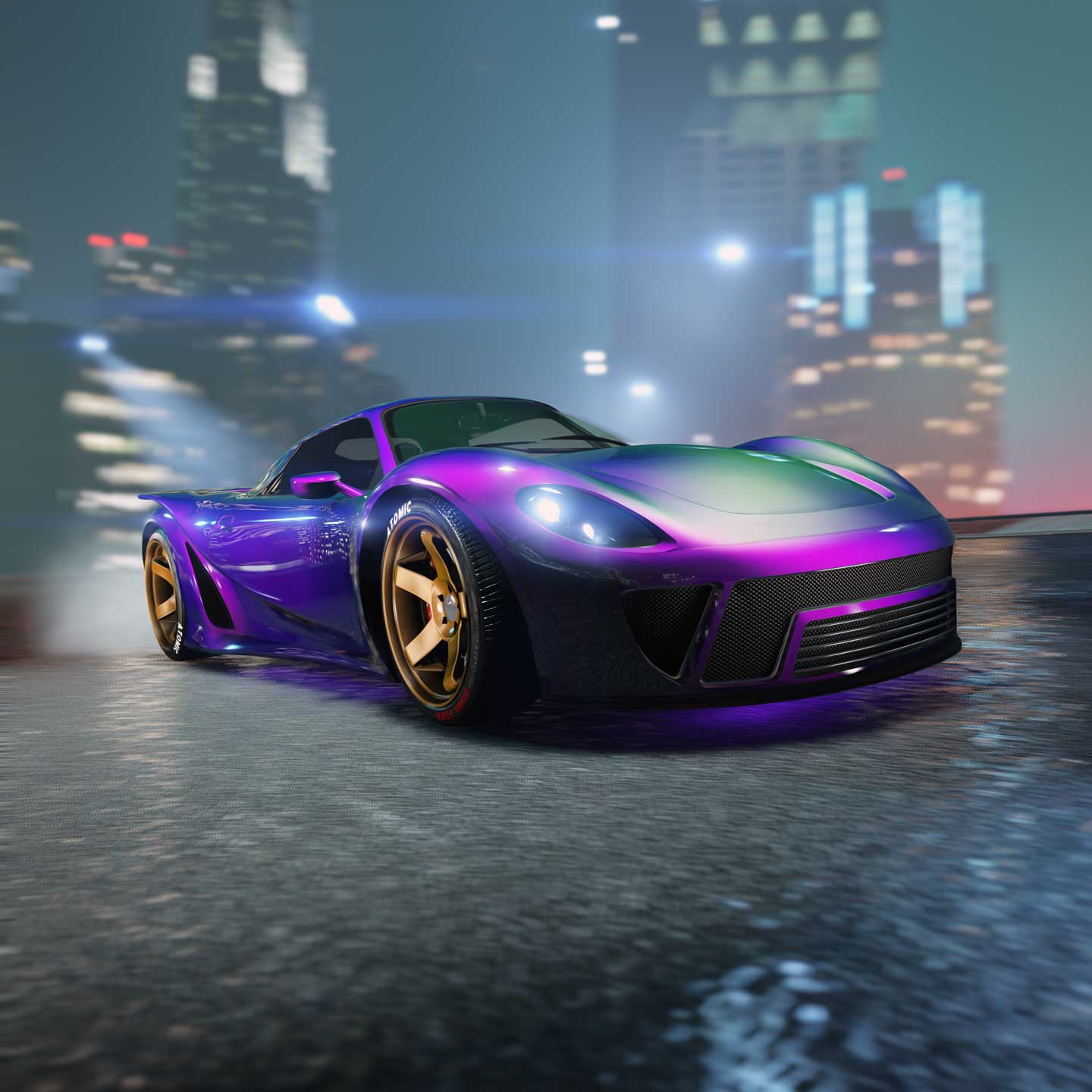 A purple and green iridescent 3-door Pfister 811 super car with gold rims.