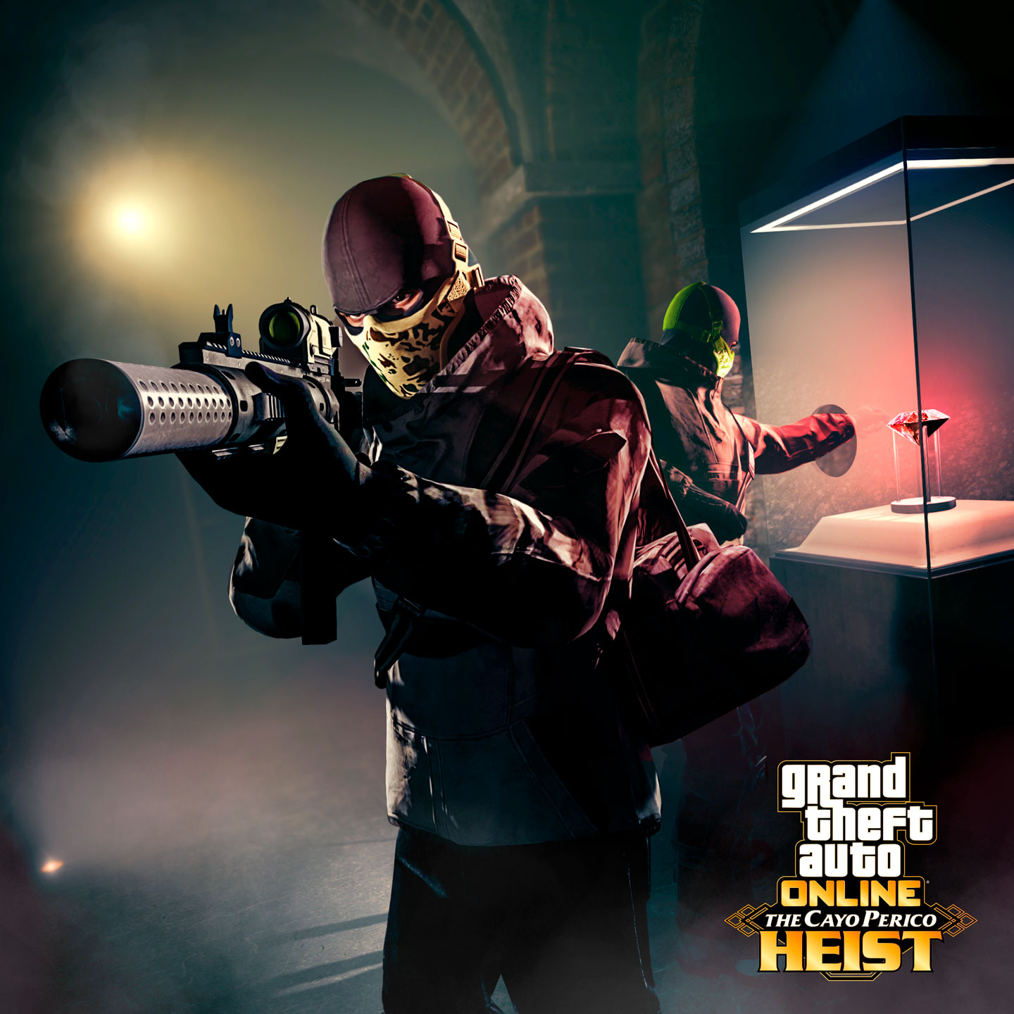Grand Theft Auto在线模式的佩里科岛抢劫任务海报，画有两名戴着面具全副武装的角色正从玻璃柜中偷取粉钻。