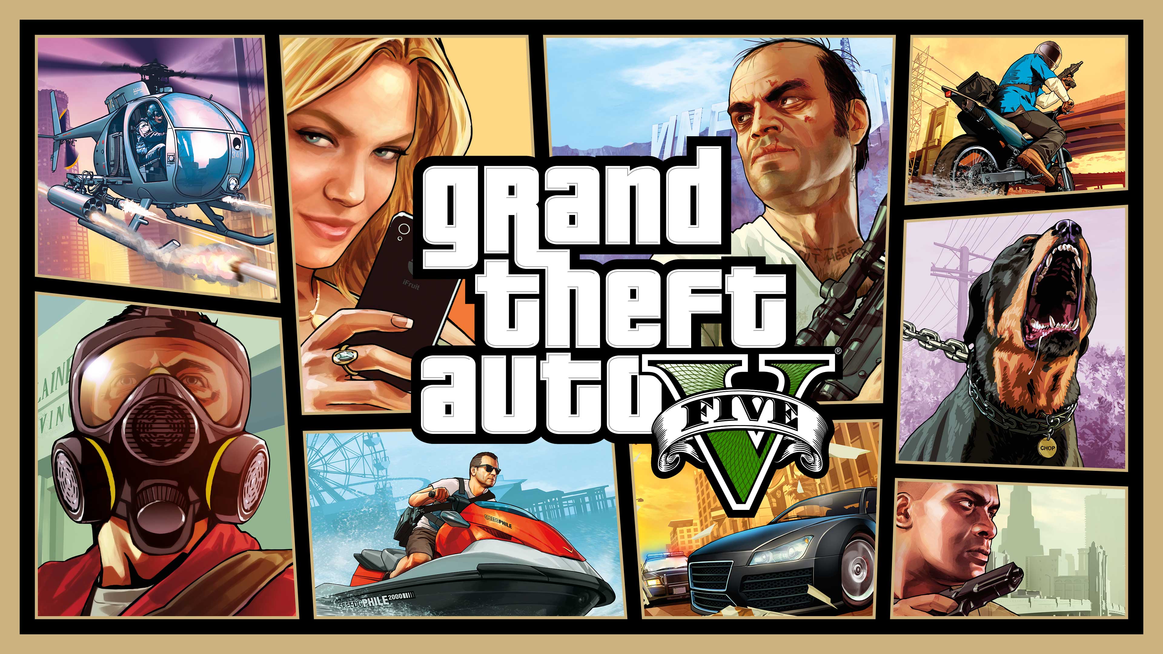 Grand Theft Auto 5徽标下方是GTA5艺术作品，由多个图案组成，展示不同的角色和场景。