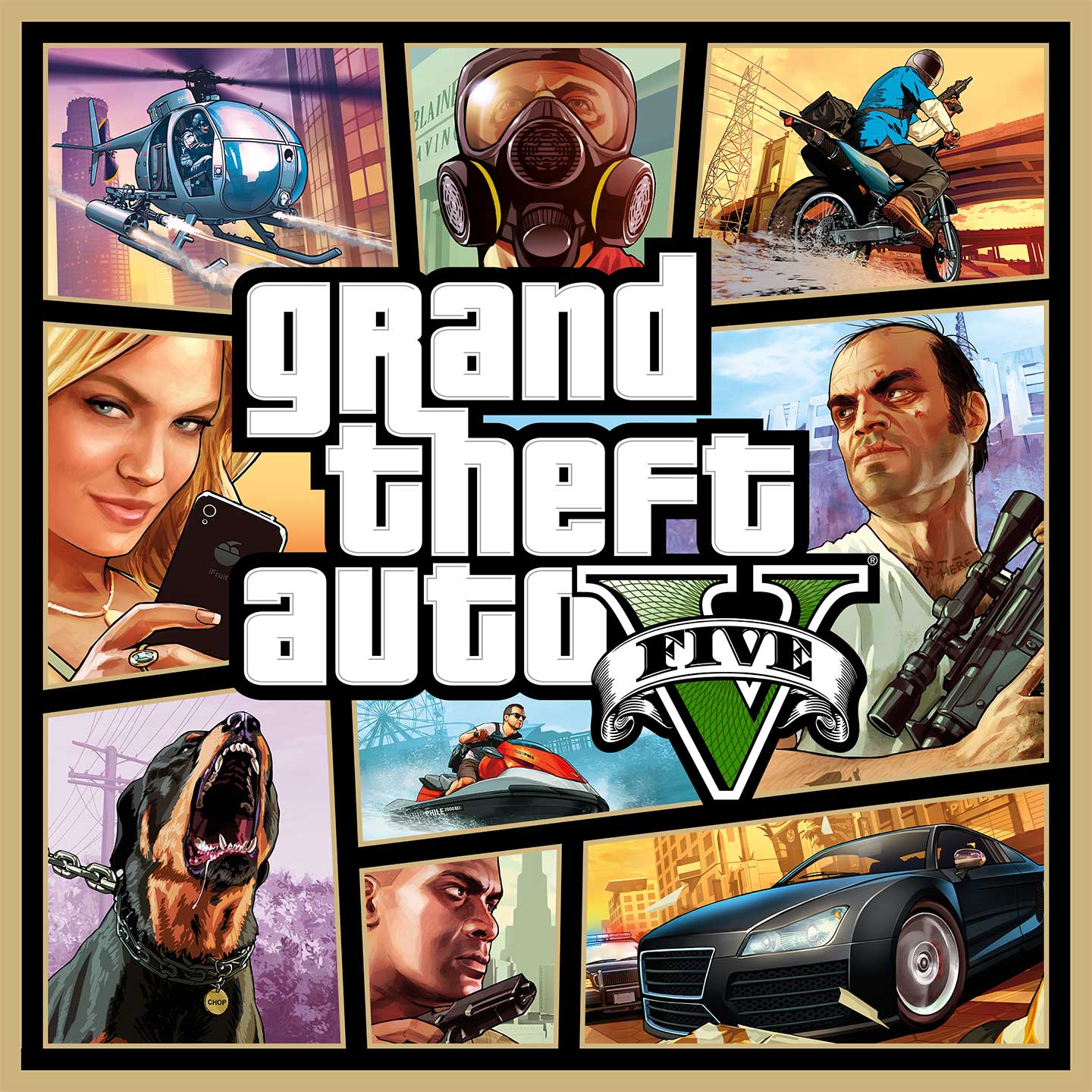 Grand Theft Auto 5徽标下方是GTA5艺术作品，由多个图案组成，展示不同的角色和场景。
