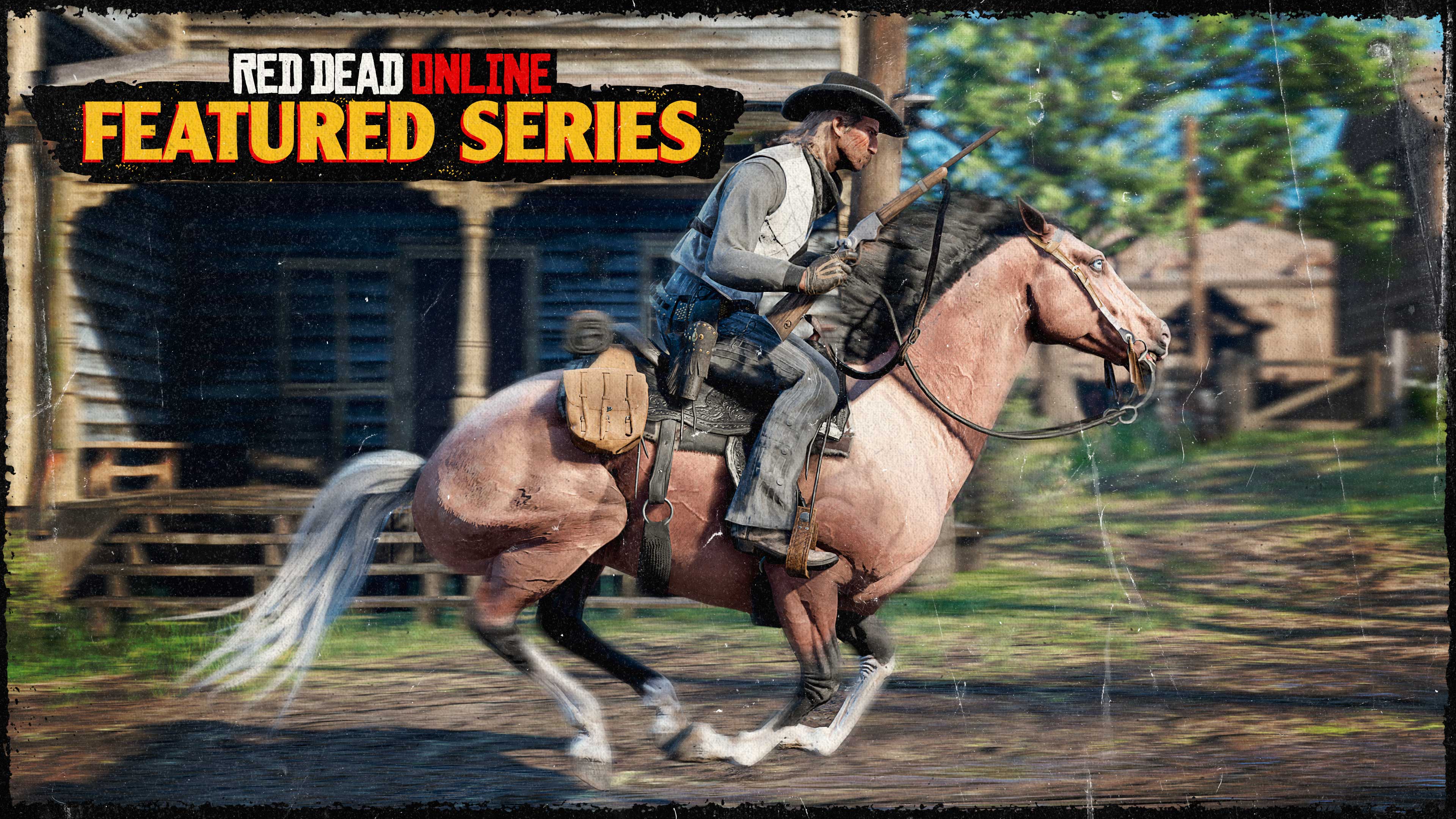 Red Dead在线模式精选系列赛海报，绘有一名Red Dead在线模式角色在马背上，疾驰穿过一个城镇。