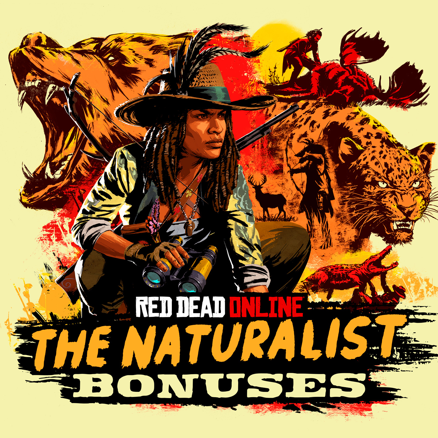 Red Dead在线模式，博物学家奖励海报，绘有一名Red Dead在线模式角色，周围是野生动物和狩猎场景的蒙太奇画面。