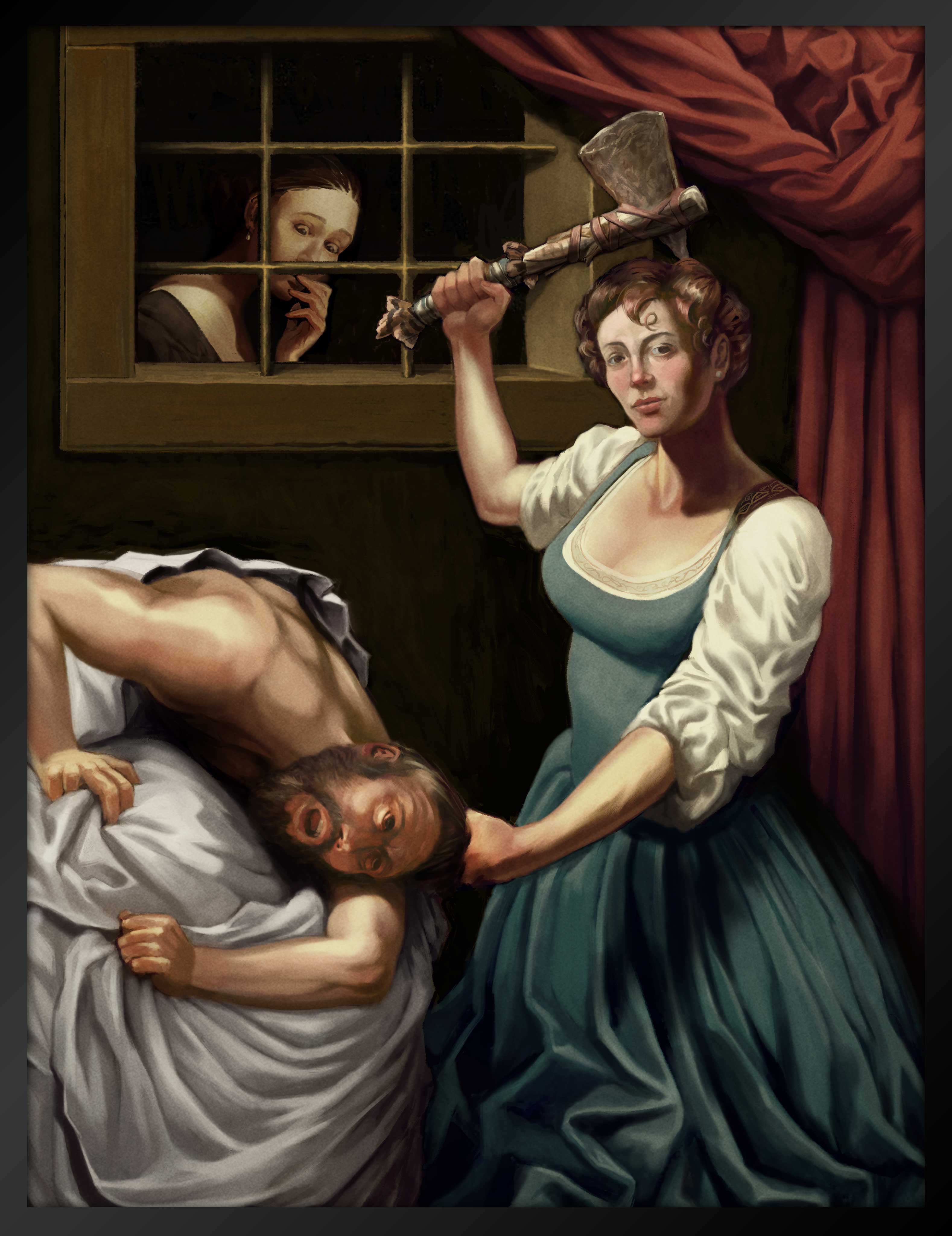 一幅画作，一名男性被一名身穿蓝色和白色裙子的女性抓着头发趴下，女性手中有一把手斧，举过她的头顶。在红色窗帘点缀的木窗外，有一个人往里看去。