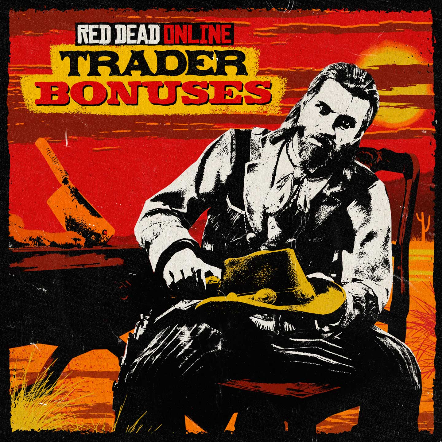 Red Dead 在线模式商贩福利的海报，一名角色拿着帽子，坐在椅子上。