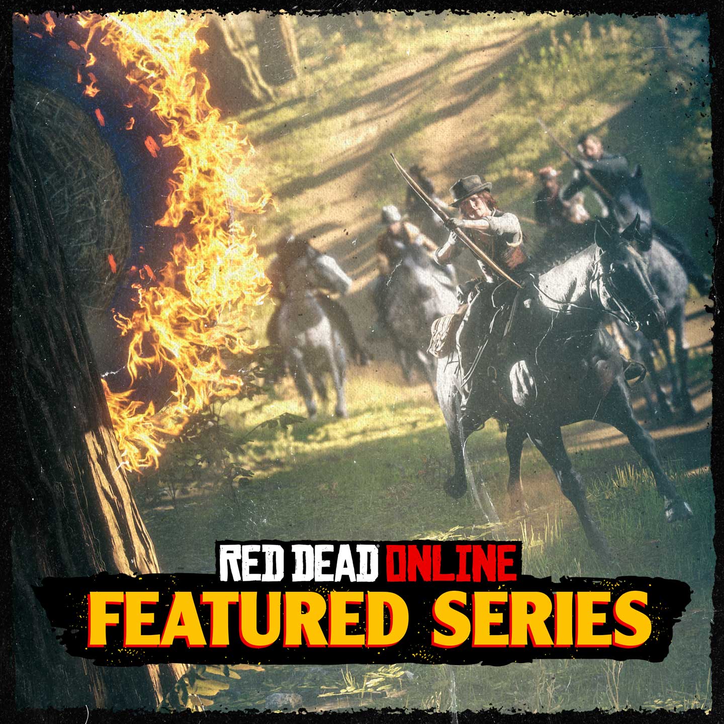 Red Dead 在线模式精选系列赛海报，一群角色正骑着马穿越树林，对着挂在树上的稻草靶子发射燃火的箭矢。
