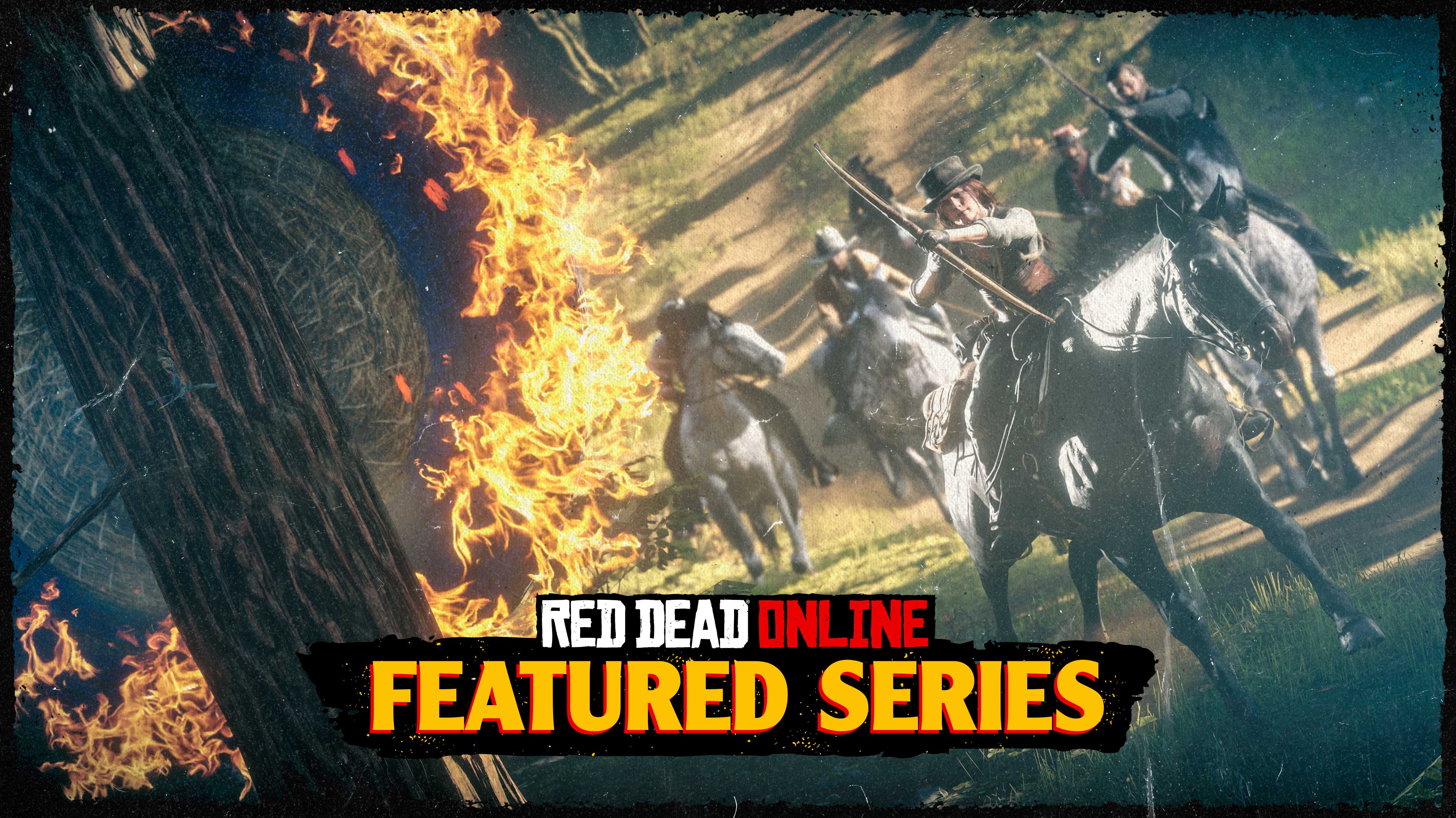 Red Dead 在线模式精选系列赛海报，一群角色正骑着马穿越树林，对着挂在树上的稻草靶子发射燃火的箭矢。