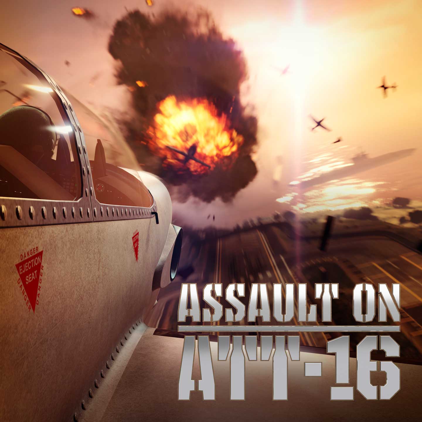 “突袭 ATT-16”海报，内容为喷气机在缠斗中于一个大规模空中爆炸的附近飞过。