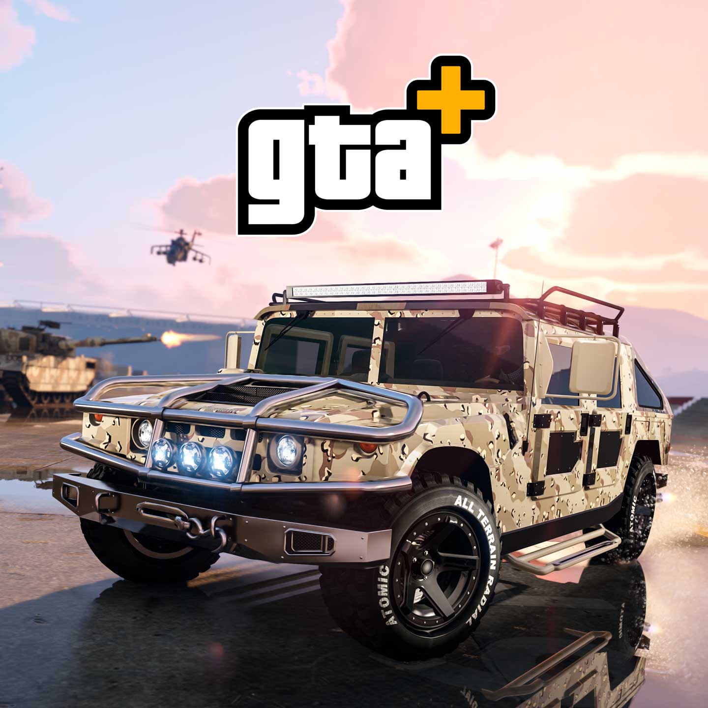 GTA+ 海报，画有一辆巨象爱国者军用版越野车和其他军用载具在一个基地里。