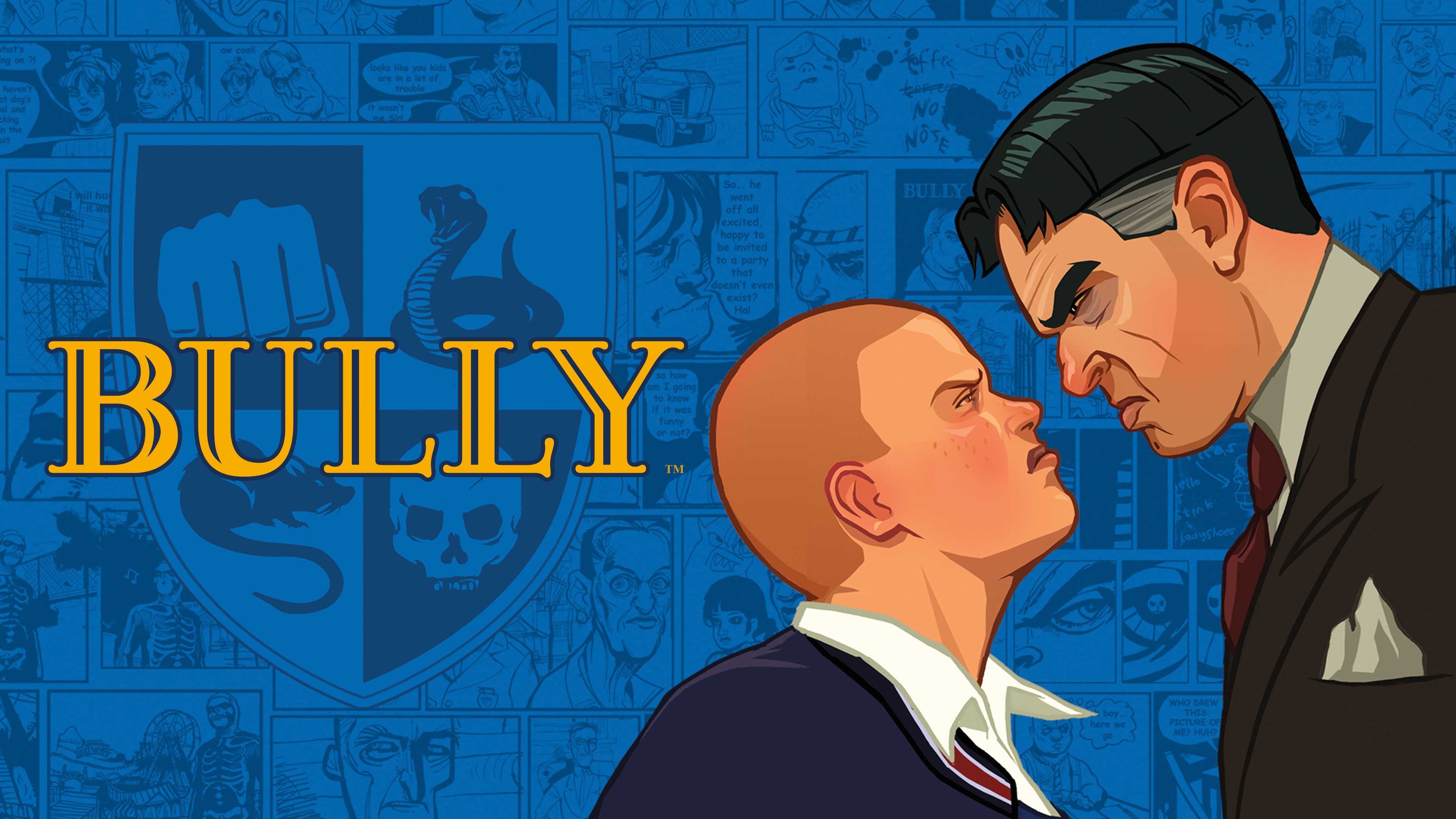 Bully 卡片封面。一个名为吉米·霍普金斯的学生抬头怒视着校长拉尔夫·克拉布寺尼奇博士，克拉布寺尼奇博士同样回以怒视。