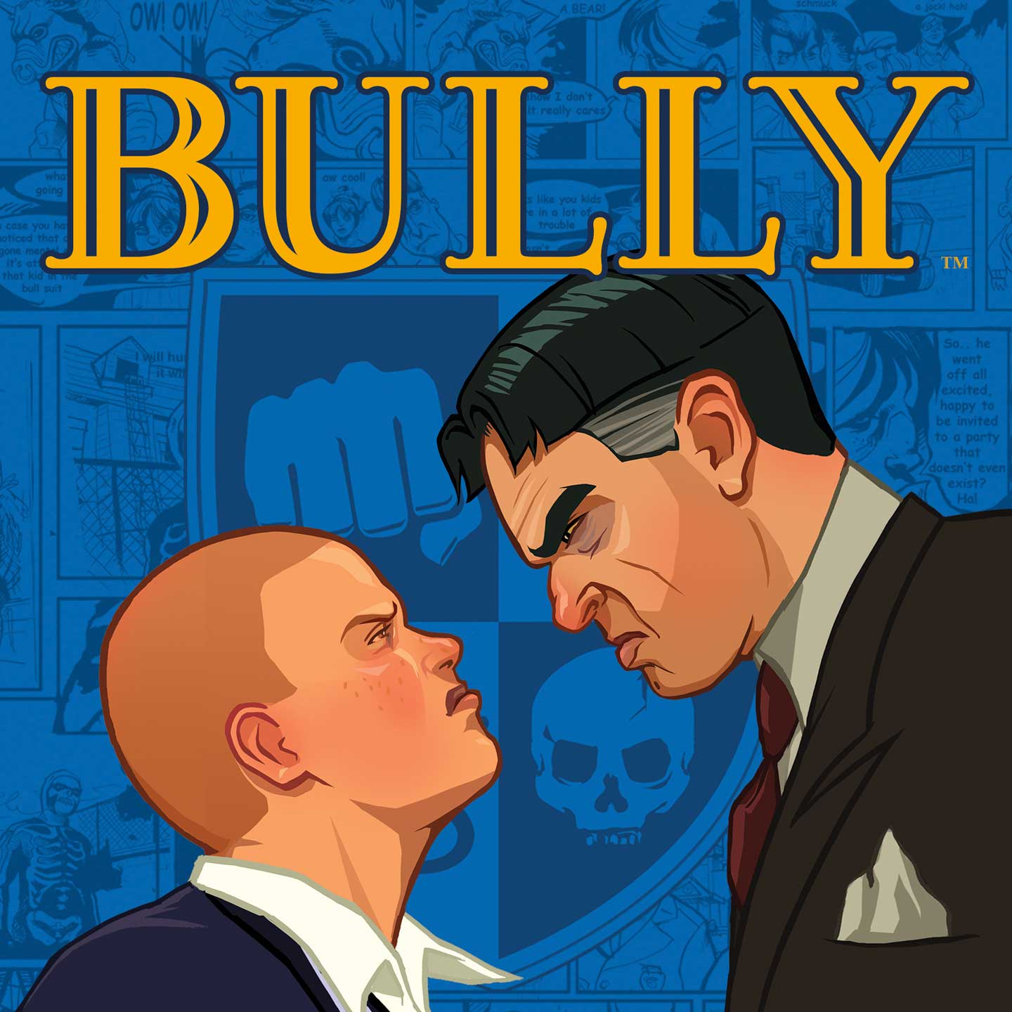 Bully 卡片封面。一个名为吉米·霍普金斯的学生抬头怒视着校长拉尔夫·克拉布寺尼奇博士，克拉布寺尼奇博士同样回以怒视。