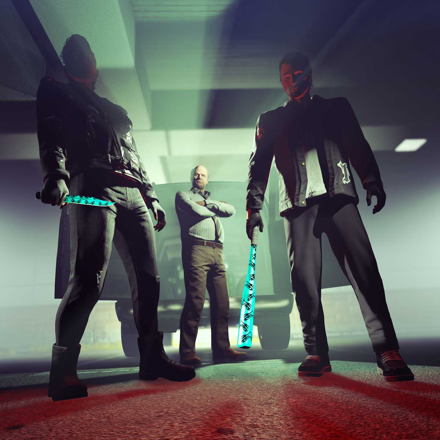 GTA 在线模式角色握着带有自由卢查武器涂饰的小刀和棒球棒的图片
