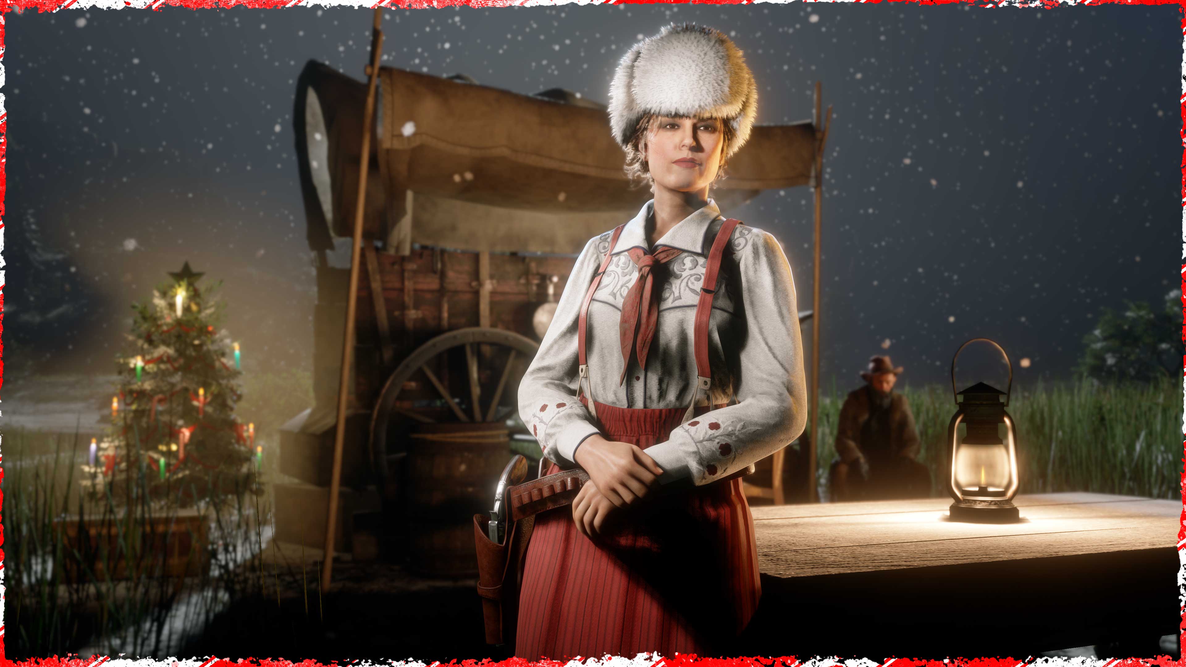 穿着社区节日装束的 Red Dead 在线模式角色的图片