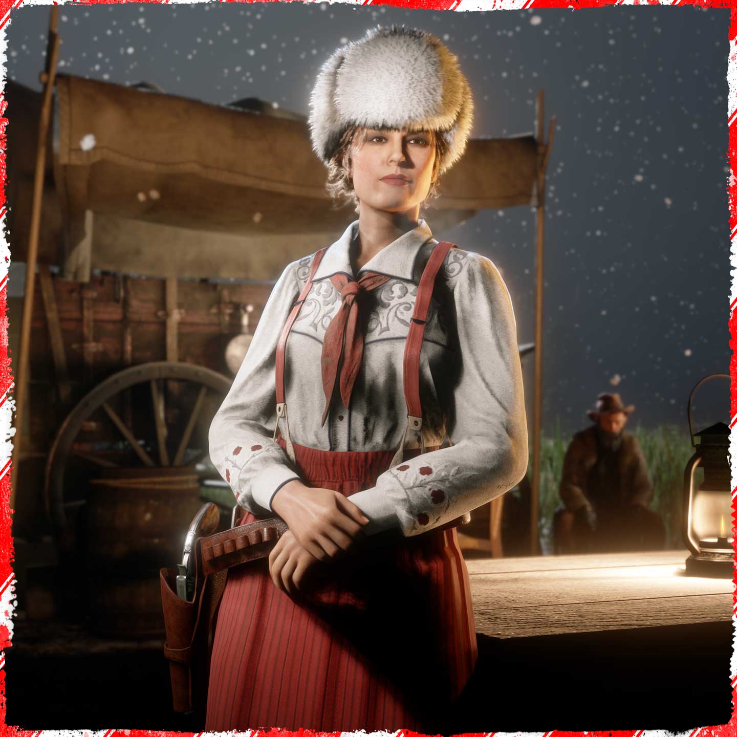 穿着社区节日装束的 Red Dead 在线模式角色的图片