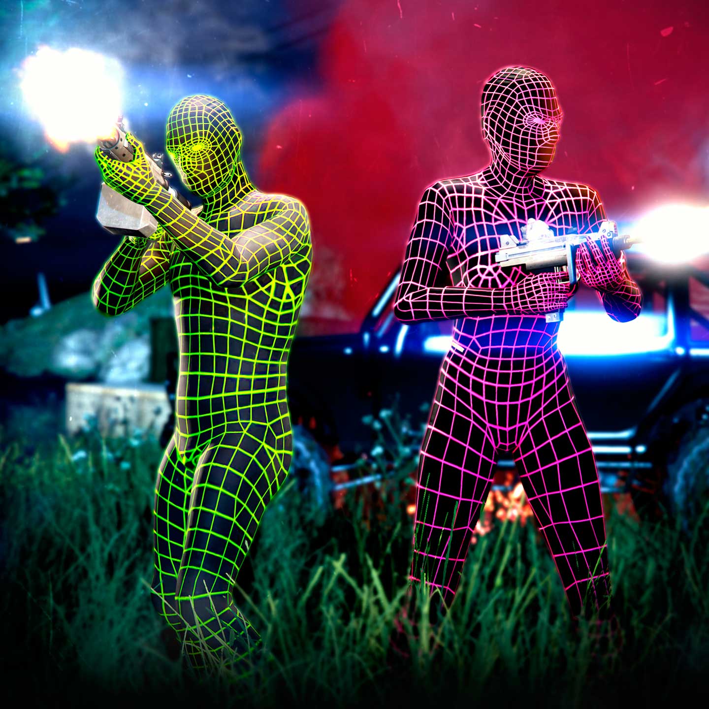GTA 在线模式角色身着粉色和绿色线框紧身衣的图片
