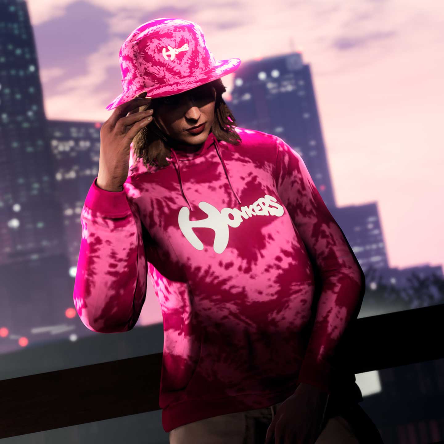 A character wears the pink Honkers Tie-Dye Hoodie and Hat.
