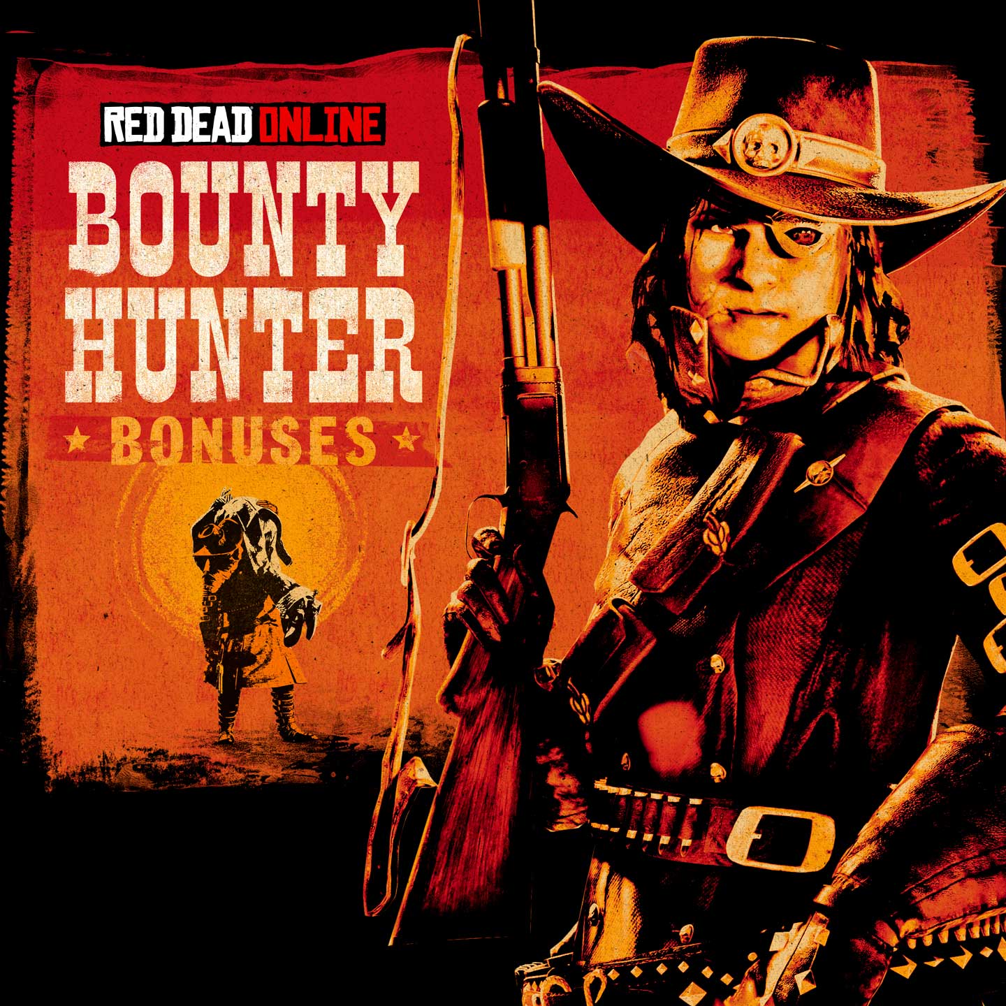 Red Dead 在线模式赏金猎人奖励海报：一名角色手持步枪，另一名角色扛着一个被捆绑的人的艺术作品。