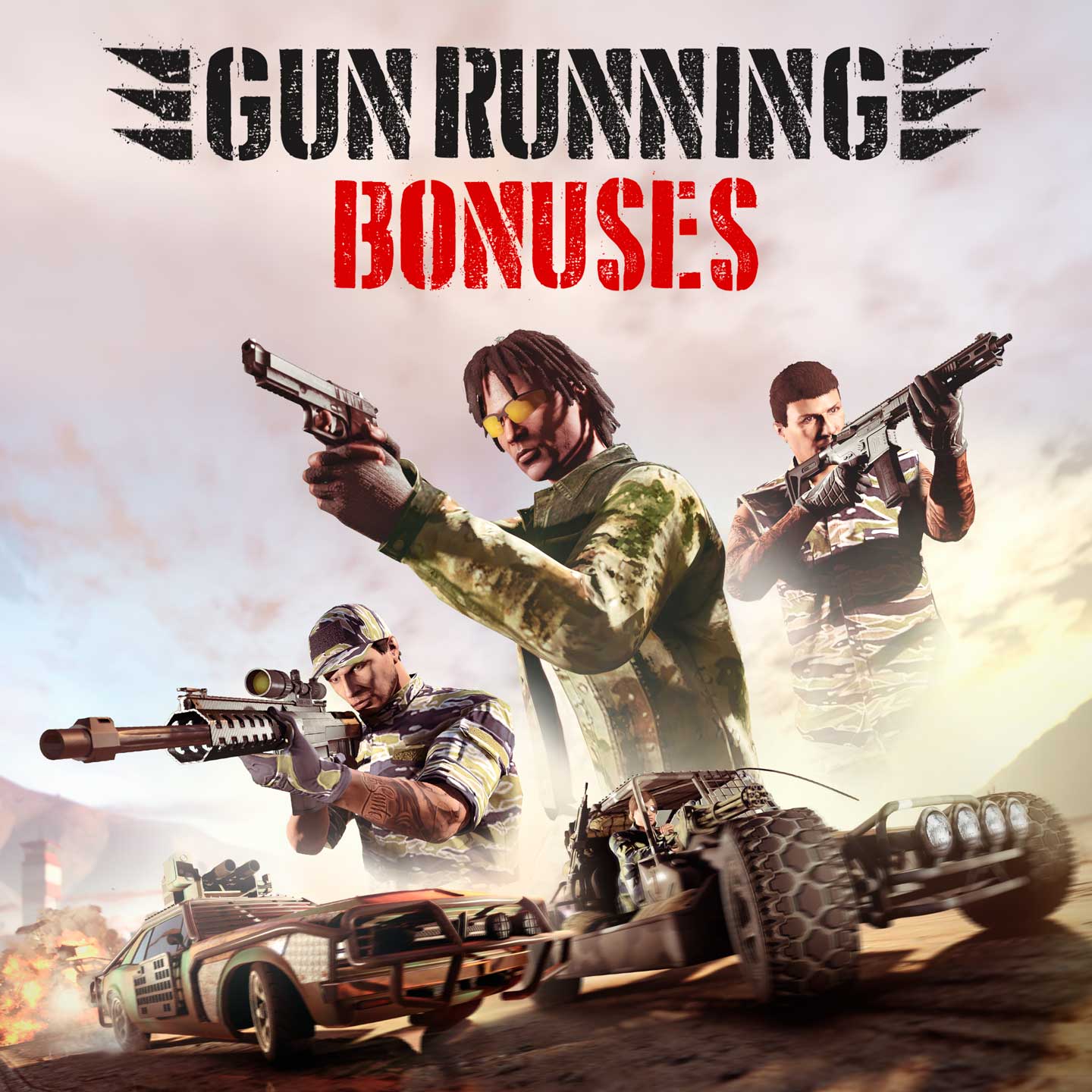 军火贸易奖励海报，绘画三名蒙太奇式的武装 GTA 在线模式角色，在他们下方绘有武装载具在尘土飞扬的道路上狂飙的场景。