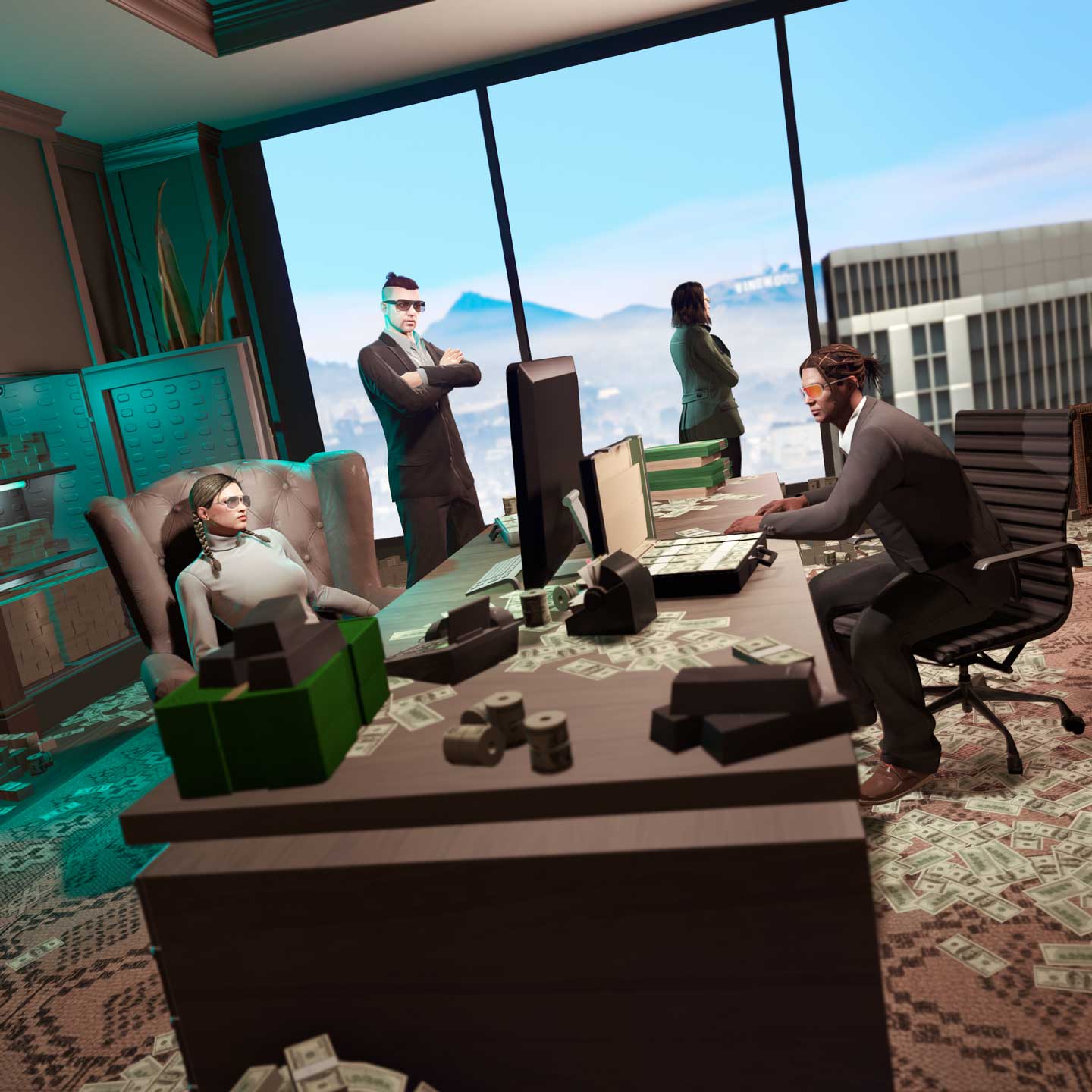 四名 GTA 在线模式玩家围坐在行政办公室的一张办公桌前，桌上散落着现金和金砖。