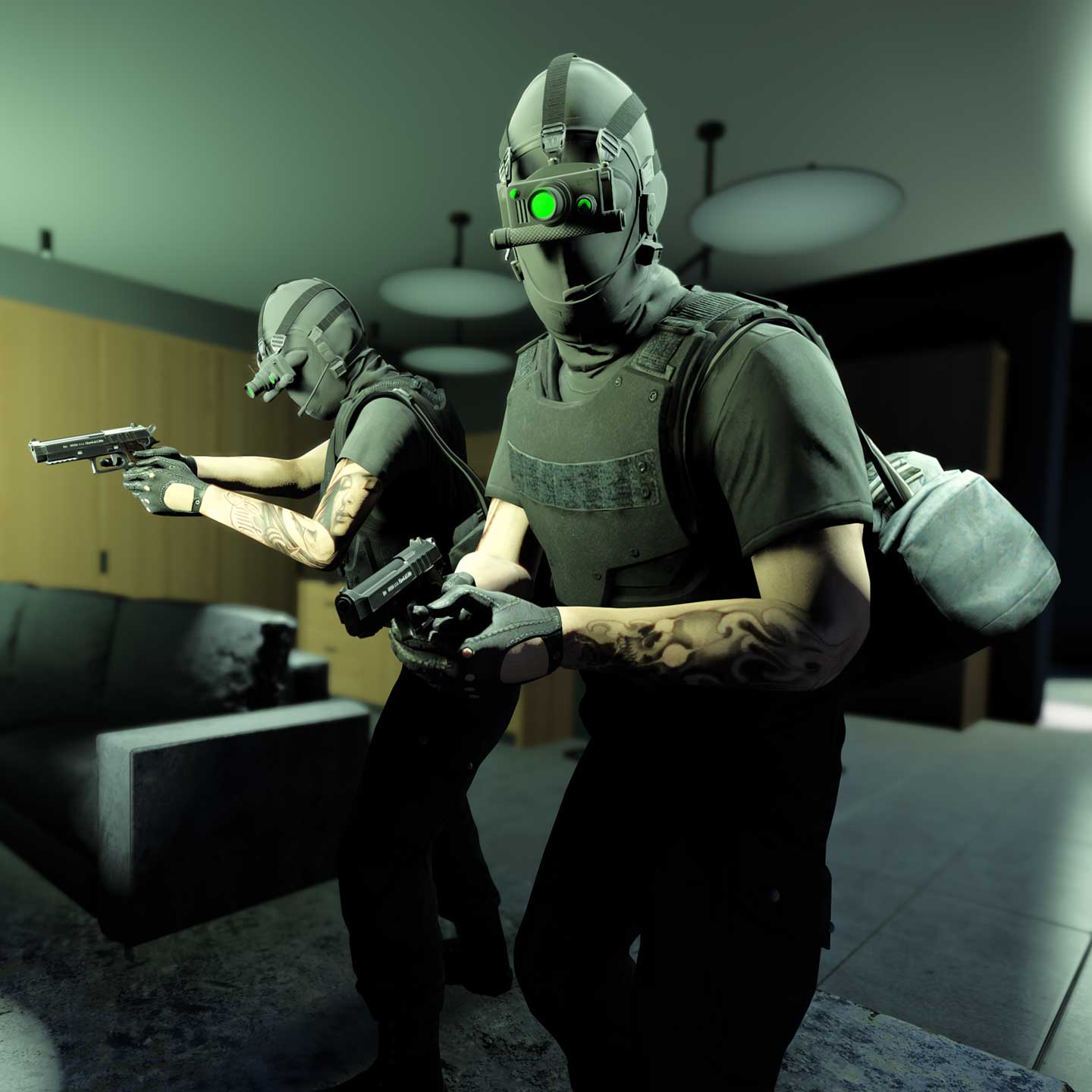 两名戴着夜视面具的武装 GTA 在线角色。