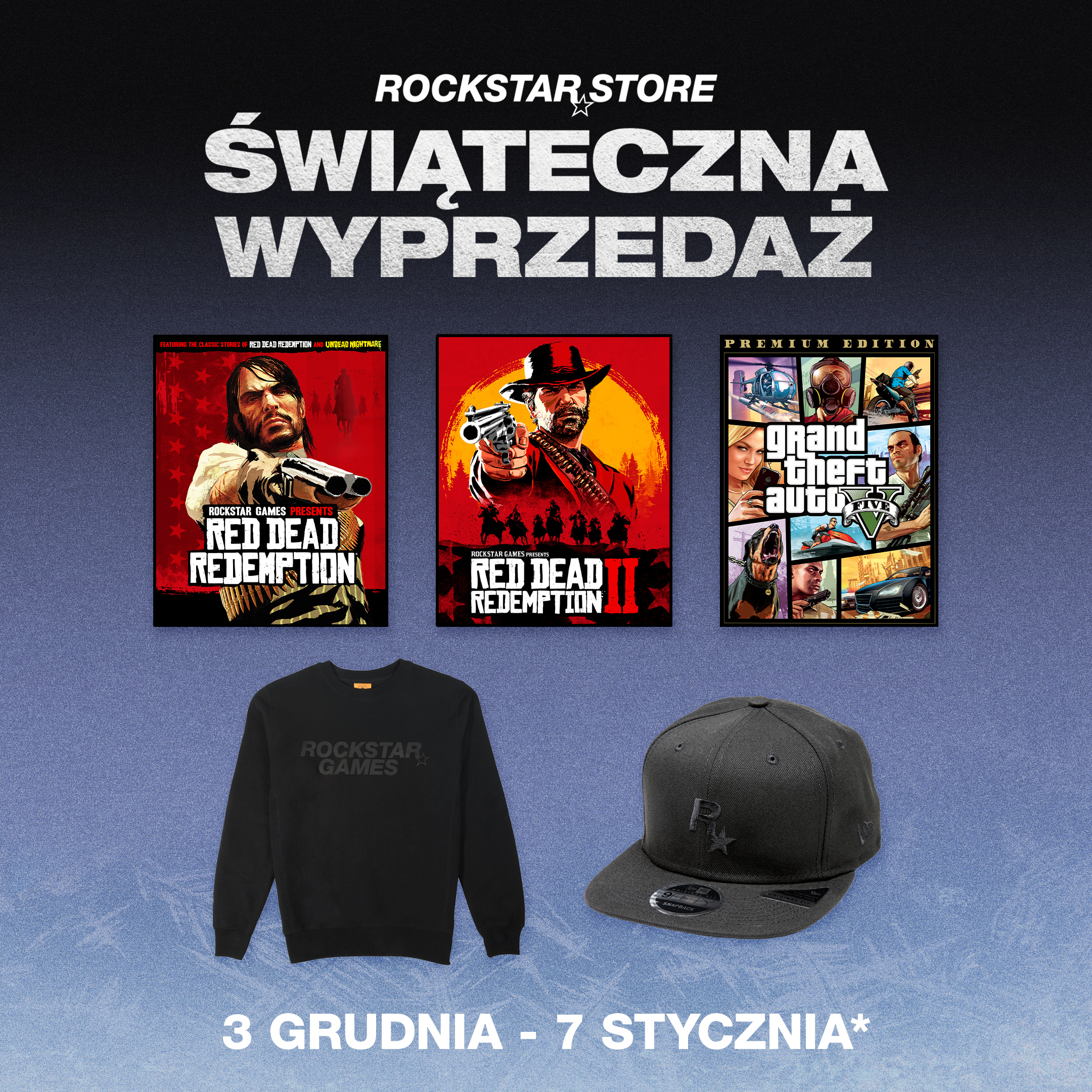 Rockstar 商店节日促销的海报。从 12 月 3 日起，至 1 月 7 日。绘有几款 Rockstar 游戏和周边。