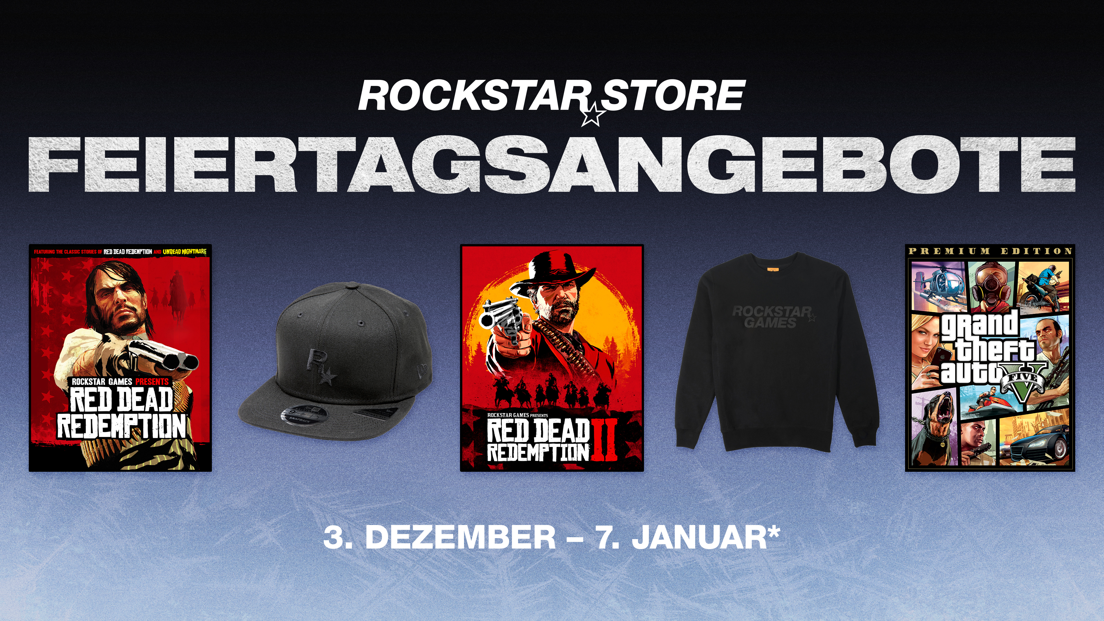 Rockstar 商店节日促销的海报。从 12 月 3 日起，至 1 月 7 日。绘有几款 Rockstar 游戏和周边。