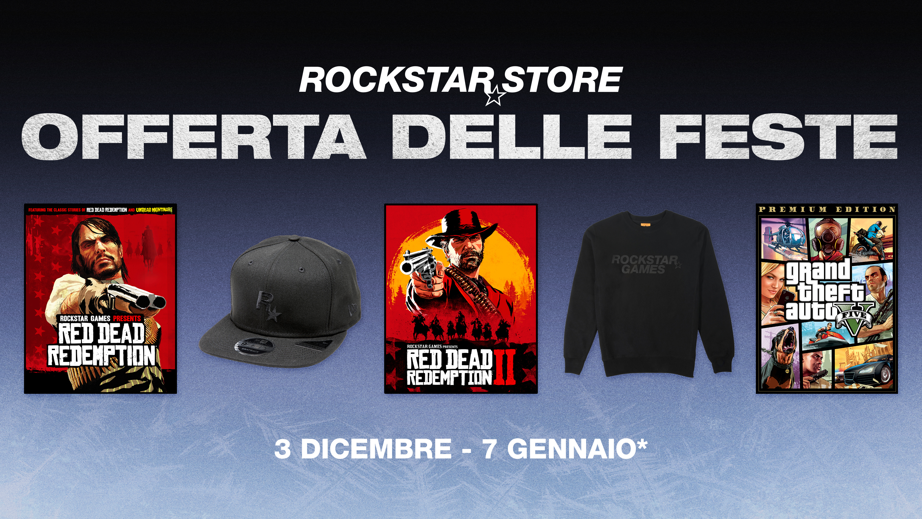 Rockstar 商店节日促销的海报。从 12 月 3 日起，至 1 月 7 日。绘有几款 Rockstar 游戏和周边。
