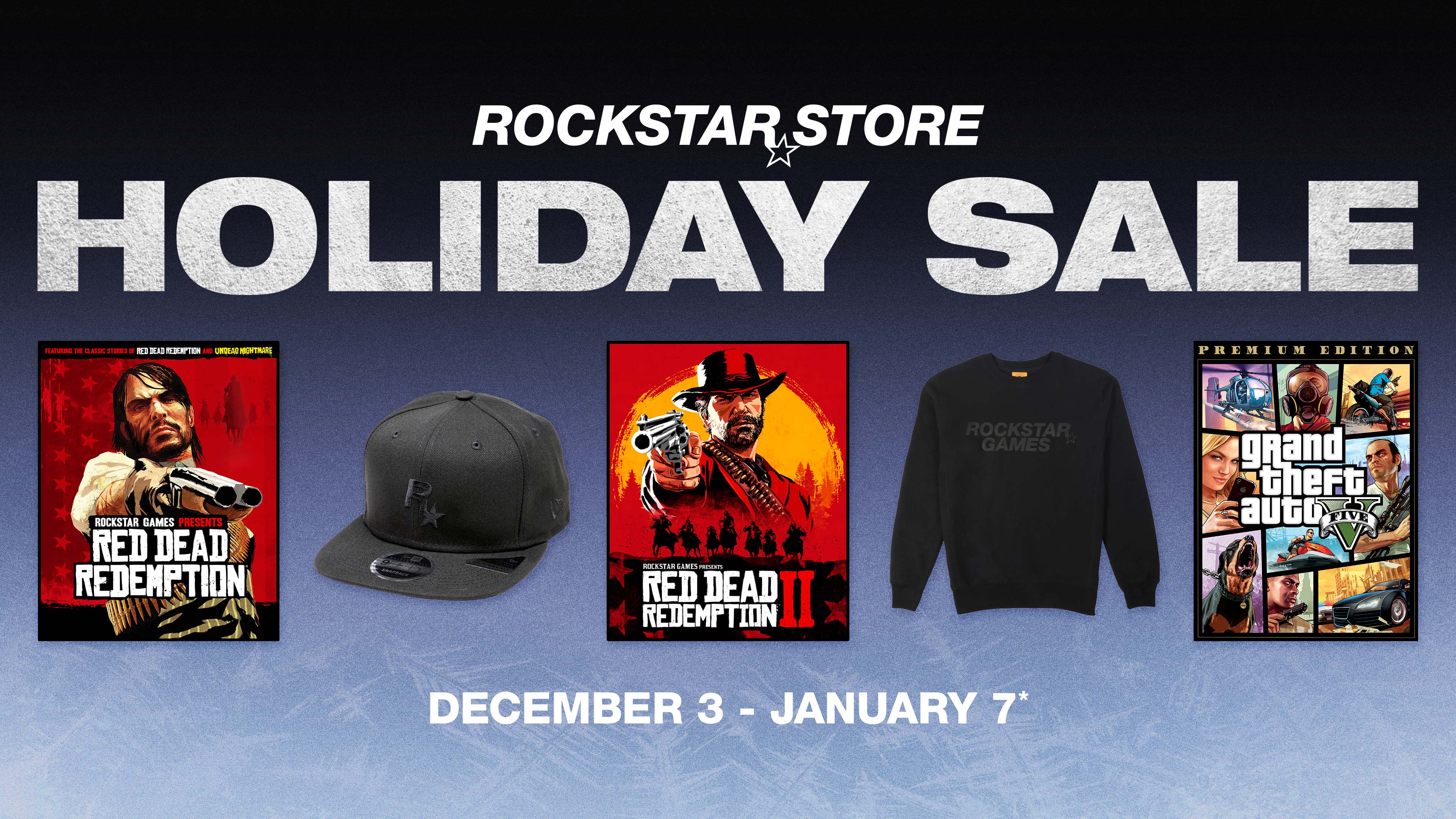 Rockstar 商店节日促销的海报。从 12 月 3 日起，至 1 月 7 日。绘有几款 Rockstar 游戏和周边。