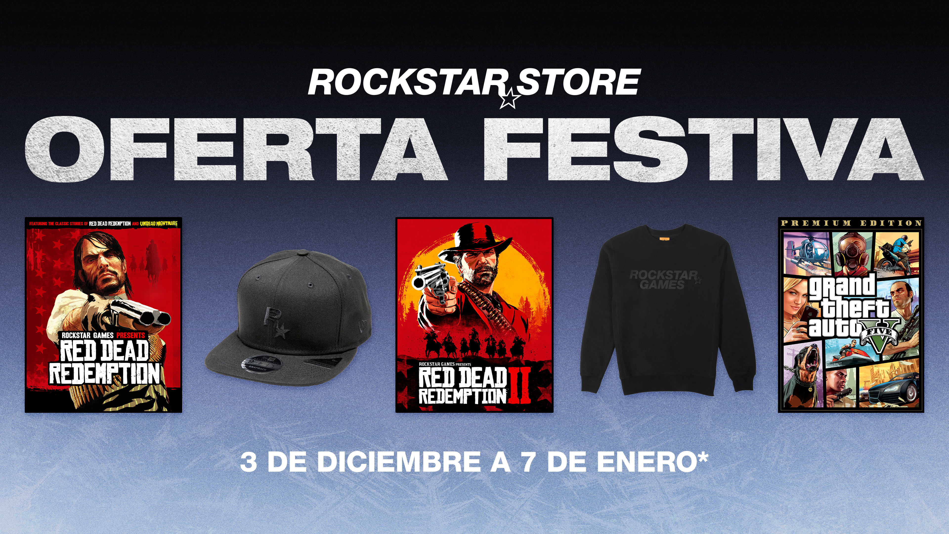 Rockstar 商店节日促销的海报。从 12 月 3 日起，至 1 月 7 日。绘有几款 Rockstar 游戏和周边。