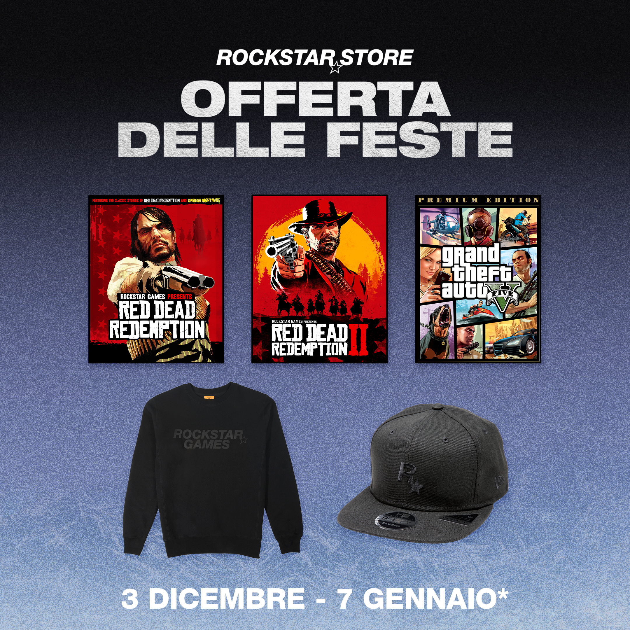 Rockstar 商店节日促销的海报。从 12 月 3 日起，至 1 月 7 日。绘有几款 Rockstar 游戏和周边。