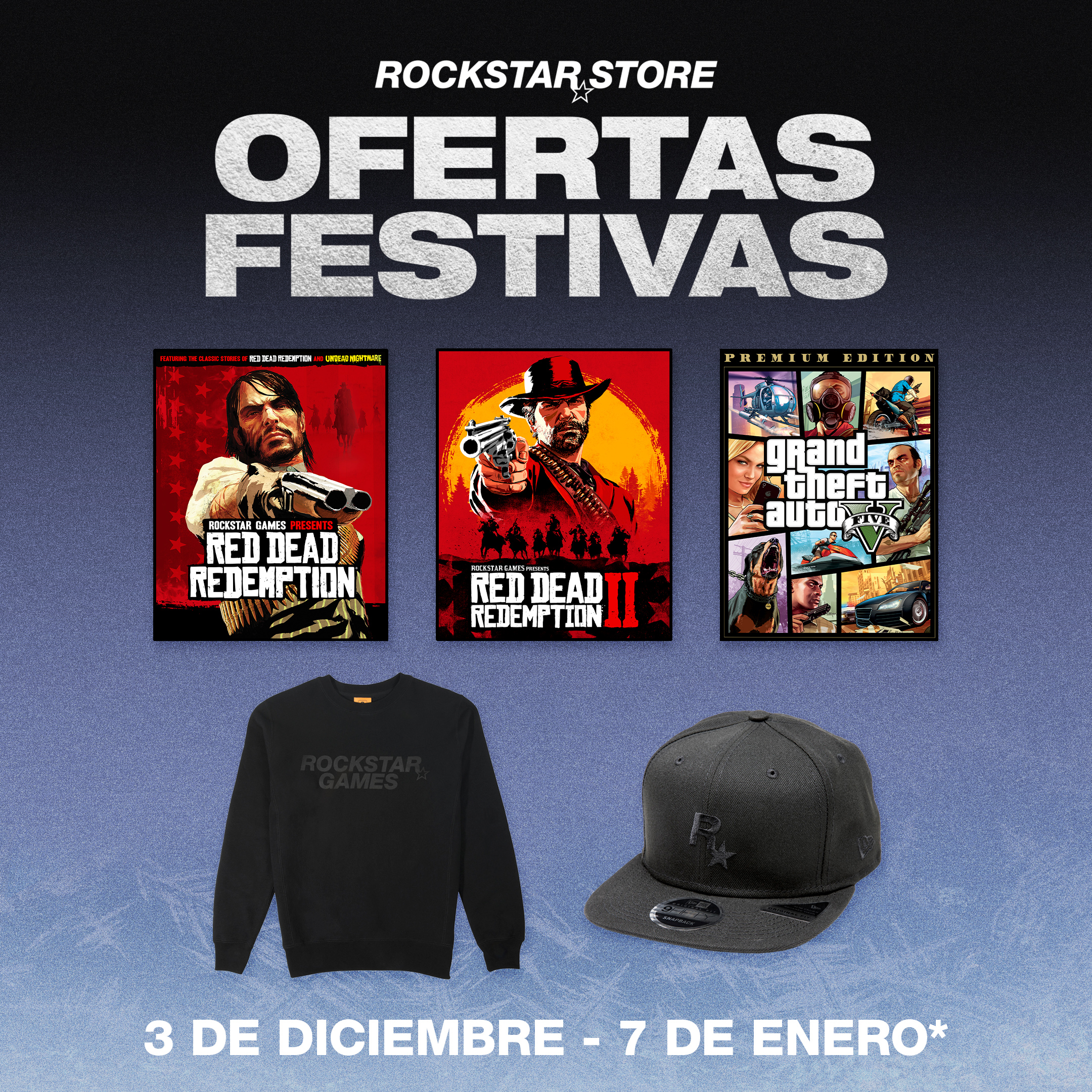 Rockstar 商店节日促销的海报。从 12 月 3 日起，至 1 月 7 日。绘有几款 Rockstar 游戏和周边。