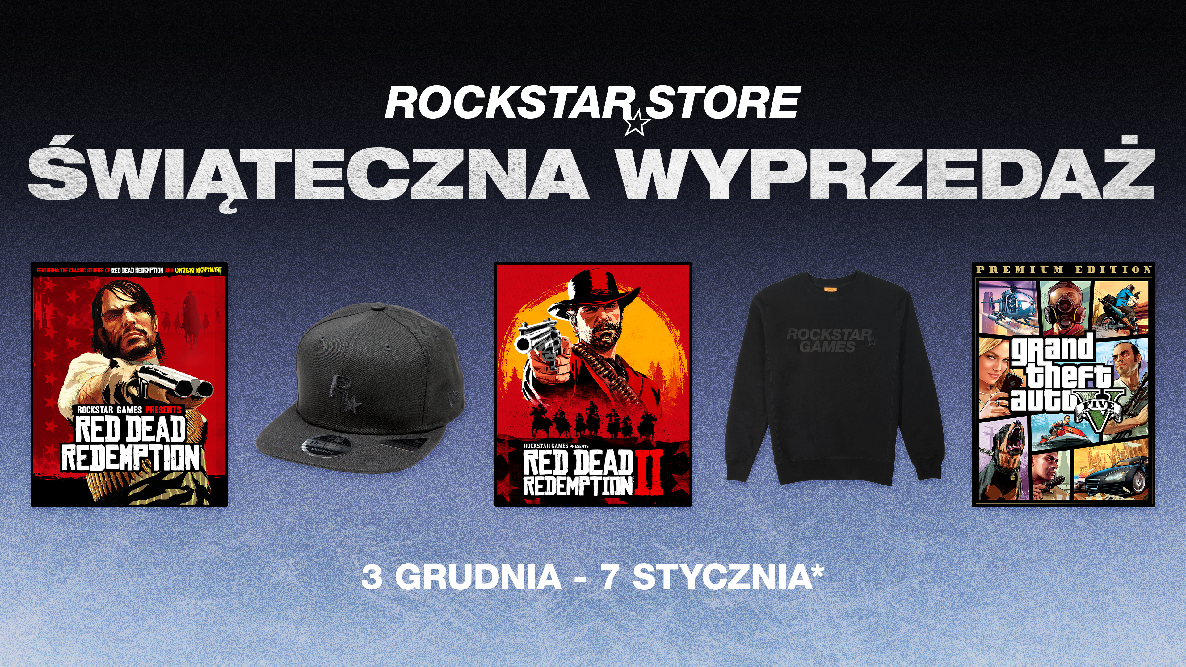 Rockstar 商店节日促销的海报。从 12 月 3 日起，至 1 月 7 日。绘有几款 Rockstar 游戏和周边。