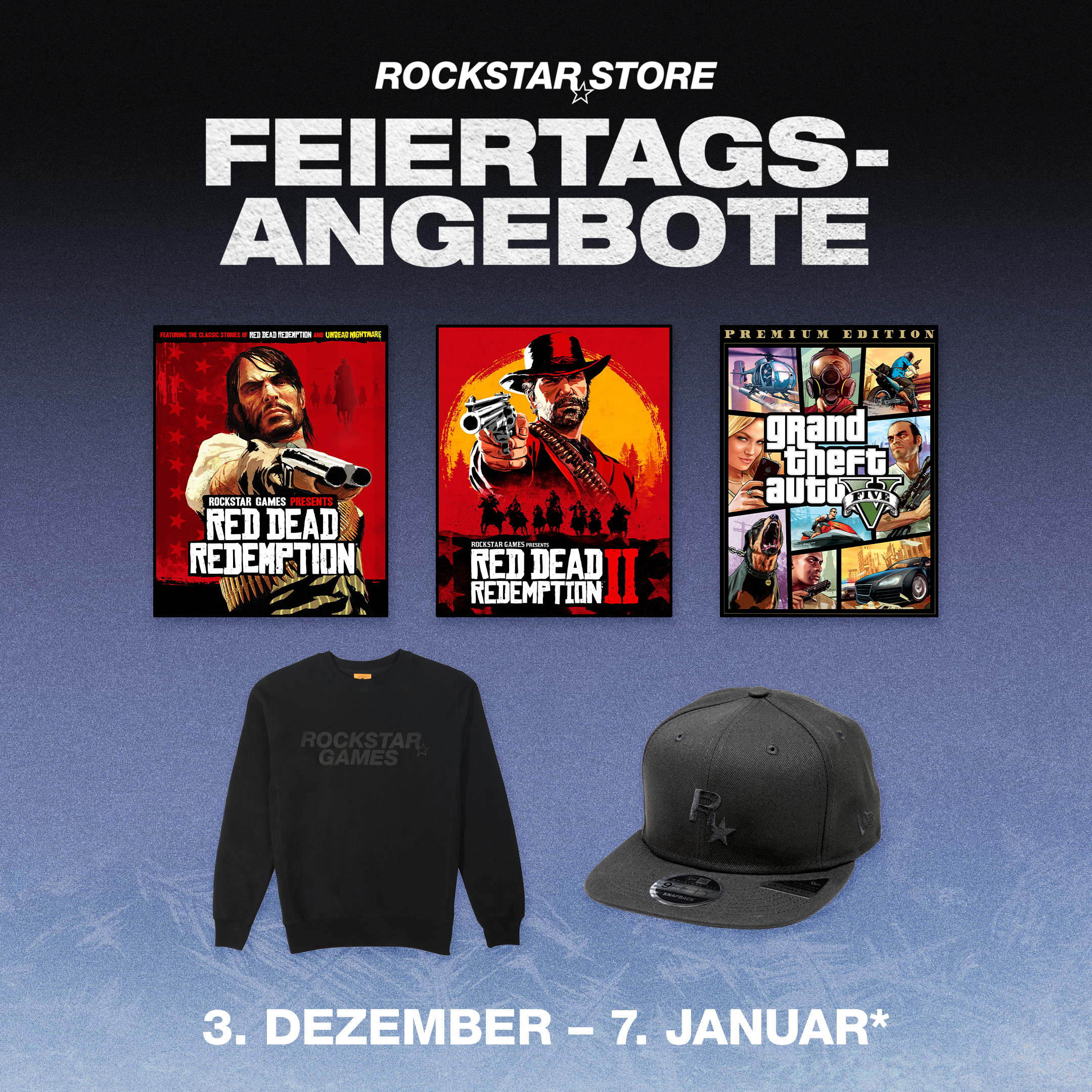 Rockstar 商店节日促销的海报。从 12 月 3 日起，至 1 月 7 日。绘有几款 Rockstar 游戏和周边。
