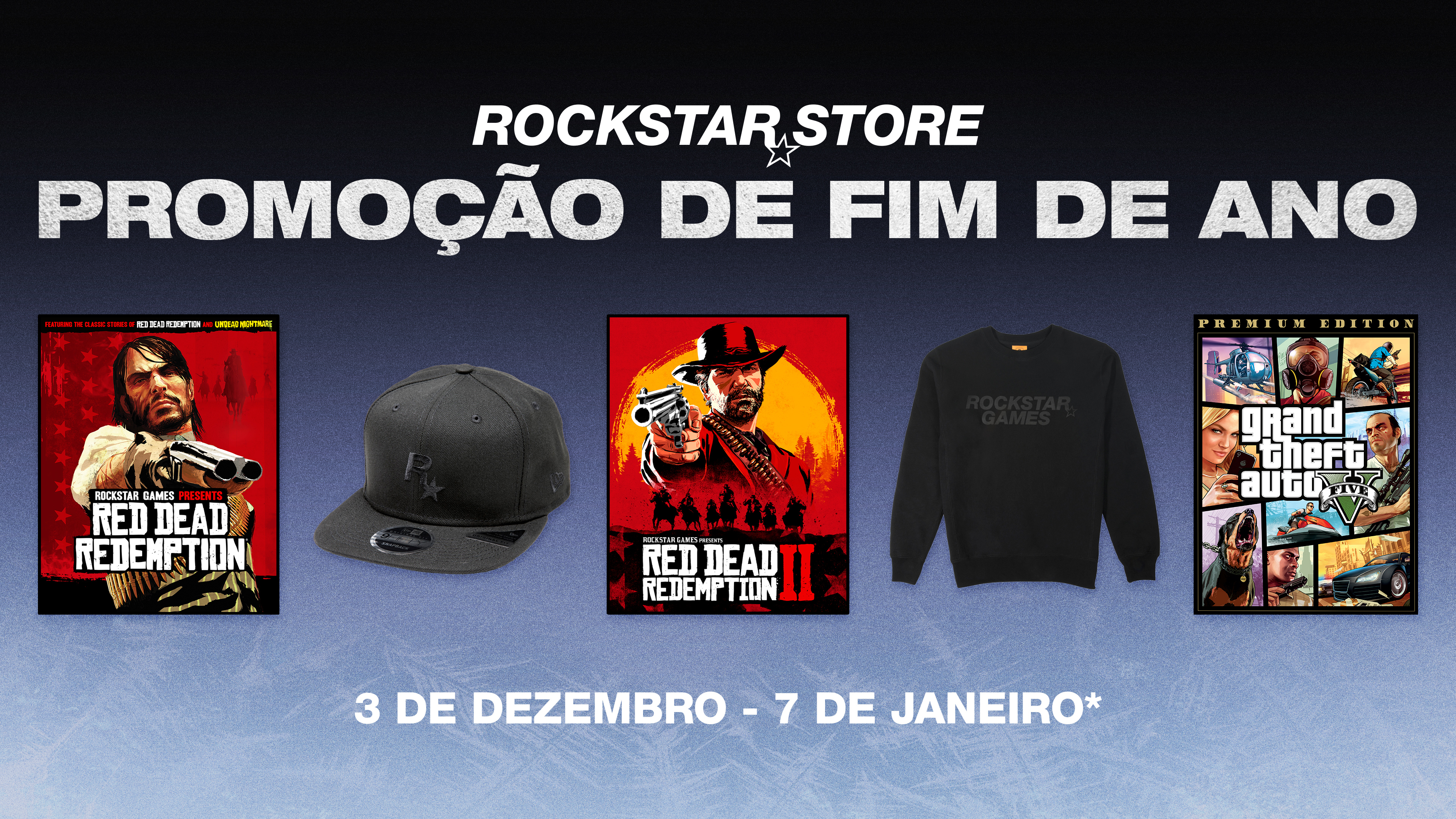 Rockstar 商店节日促销的海报。从 12 月 3 日起，至 1 月 7 日。绘有几款 Rockstar 游戏和周边。