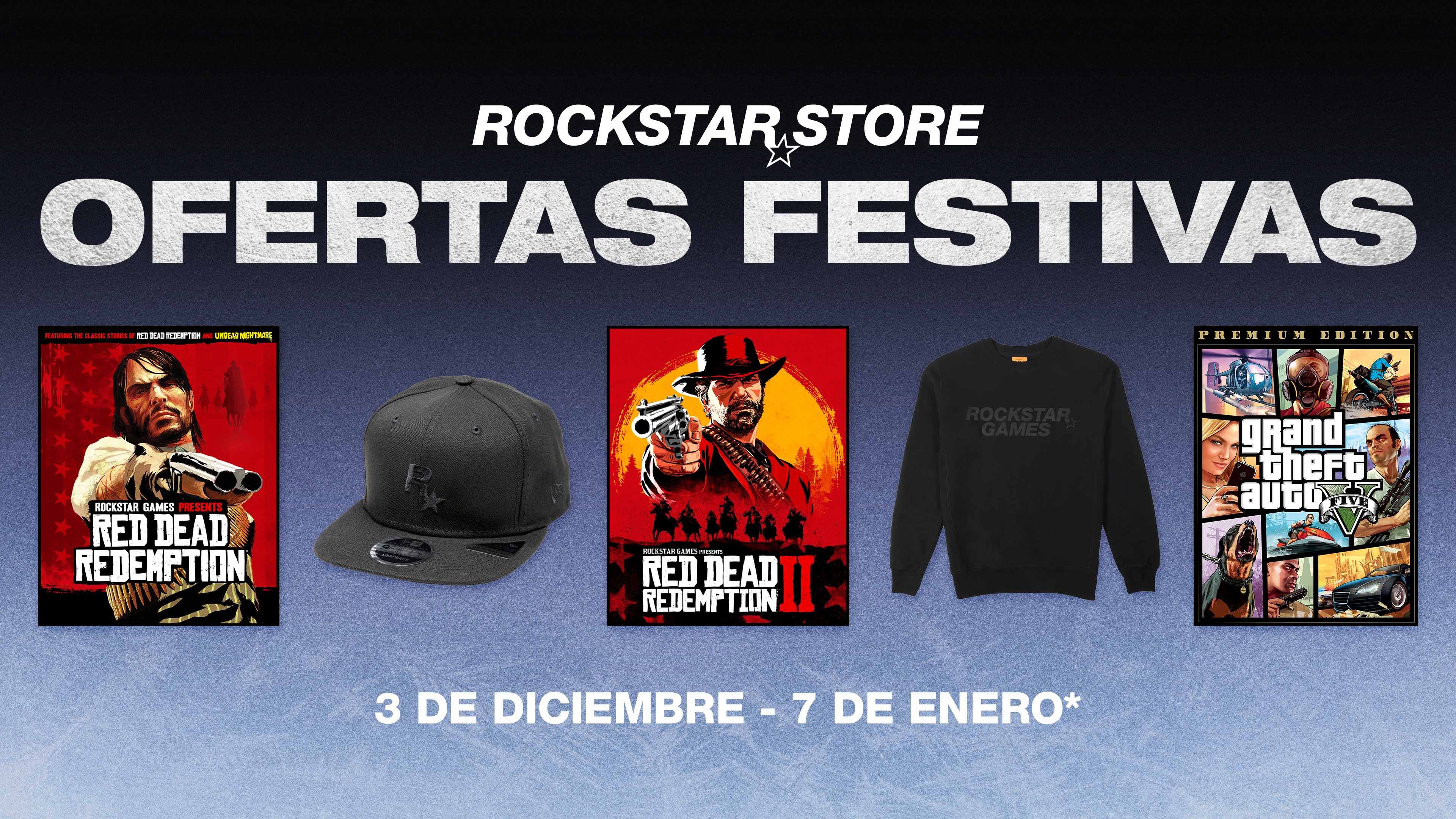 Rockstar 商店节日促销的海报。从 12 月 3 日起，至 1 月 7 日。绘有几款 Rockstar 游戏和周边。