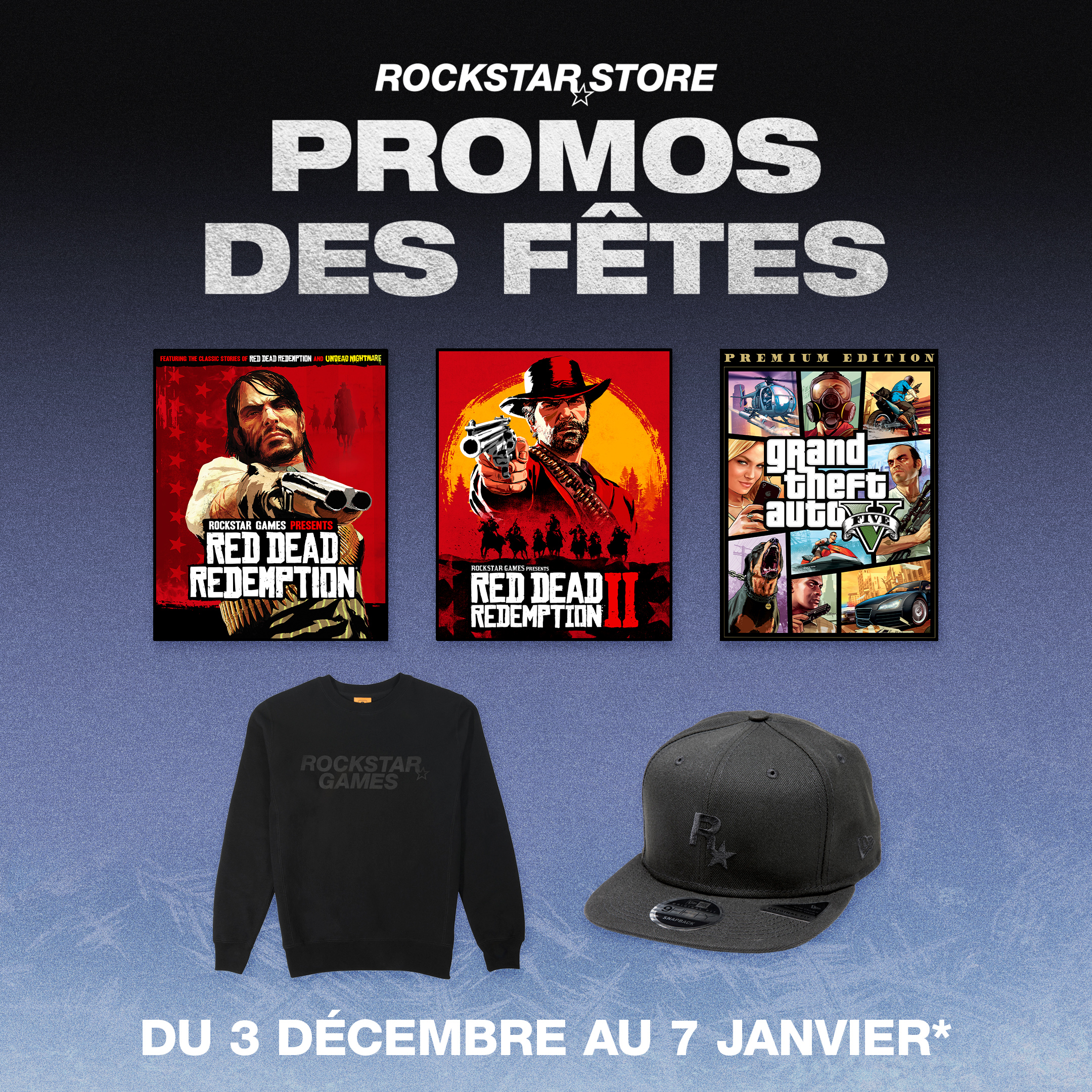 Rockstar 商店节日促销的海报。从 12 月 3 日起，至 1 月 7 日。绘有几款 Rockstar 游戏和周边。