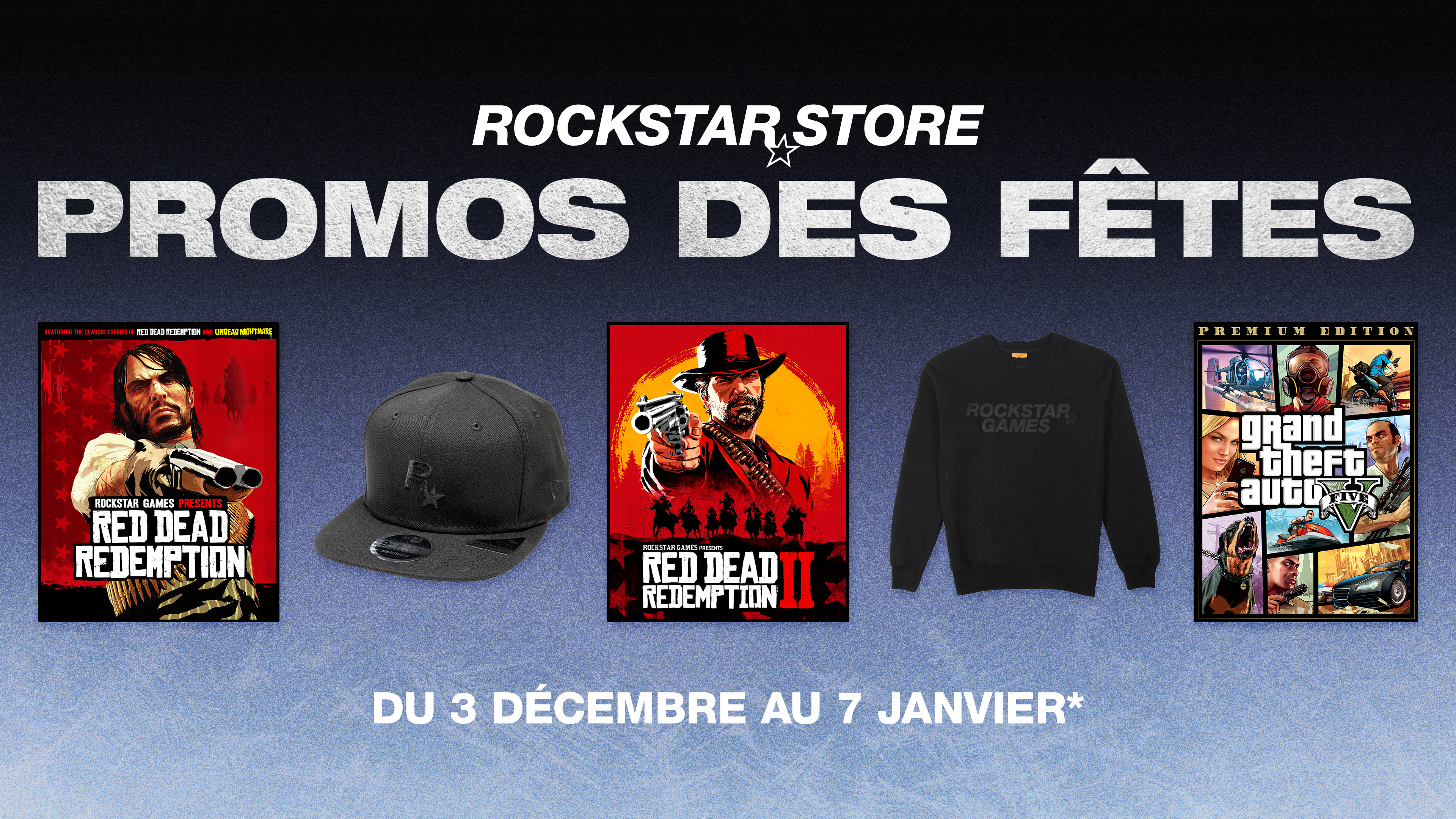 Rockstar 商店节日促销的海报。从 12 月 3 日起，至 1 月 7 日。绘有几款 Rockstar 游戏和周边。