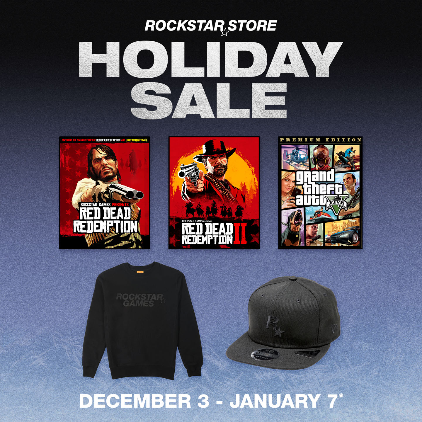 Rockstar 商店节日促销的海报。从 12 月 3 日起，至 1 月 7 日。绘有几款 Rockstar 游戏和周边。